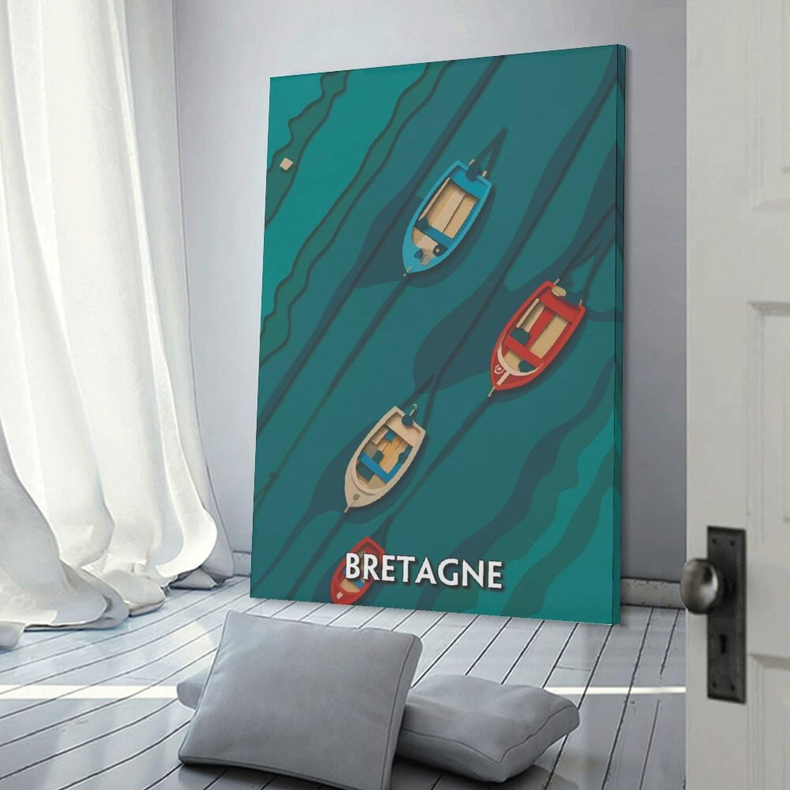 Junmoney Bretagne Boats Illustration Canvas Wall Decor 20x30inch(50x75cm), for Lounge, Study, Hallway Or Flat Walls, Canvas Wall Art That Fits Changing Layouts