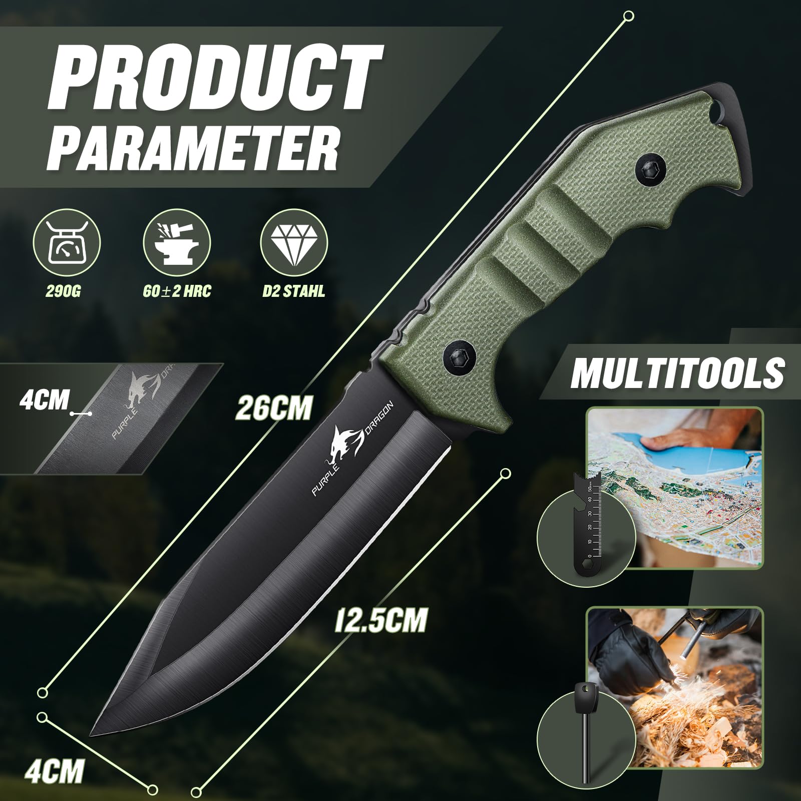 Purple Dragon Survival Messer Feststehende Klinge mit Grüner Kydex Scheide, Full Tang Outdoor Messer aus einem Stück D2 Stahl, G10 Griff für Bushcraft und Camping,Geschenke für Männer
