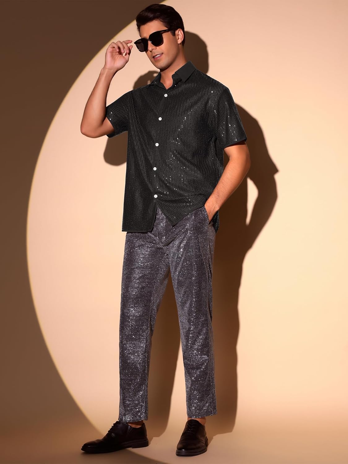 Lars Amadeus Sequins Shirts for Men's 70s Disco Retro Button Down Party Glitter Shirt