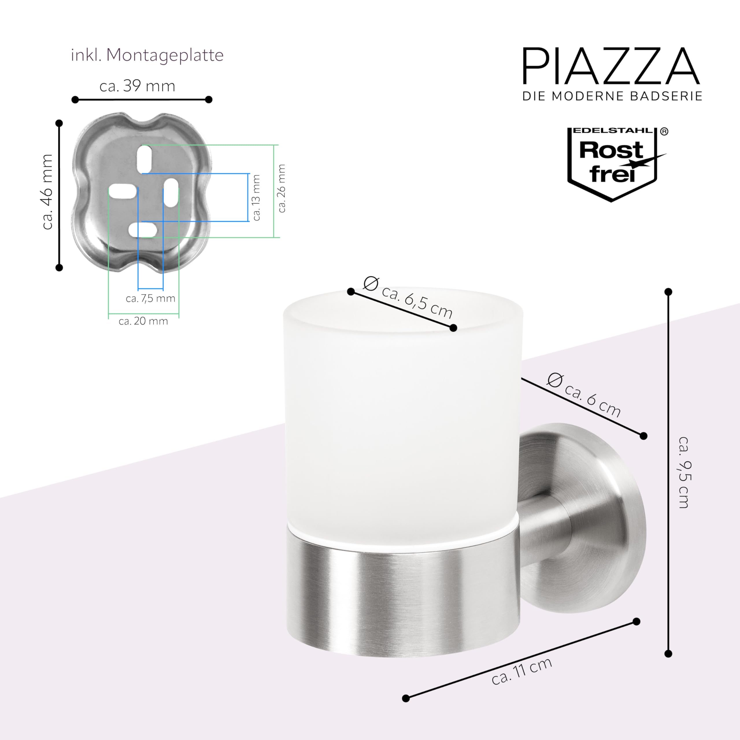 bremermann Bad-Serie Piazza - Glasbecherhalter, Zahnputzbecherhalter inkl. Klebeset und Wandhalterung, Becherhalter - Zahnbürstenhalter, aus satiniertem Glas und Edelstahl matt