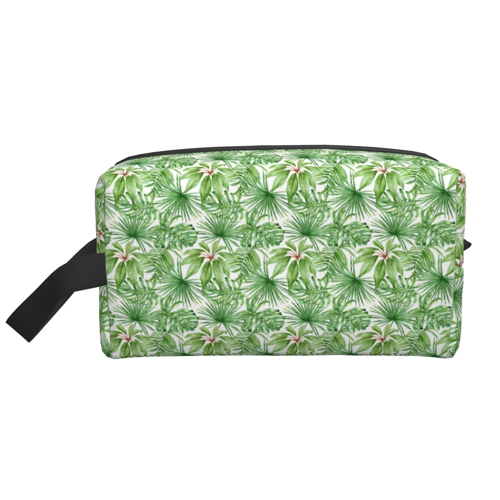 Ercgad Unisex White Tropical Palm Banana Leaves Print Large Capacity Travel Toiletry Bag Cosmetic Pouch Daily Storage Makeup Case