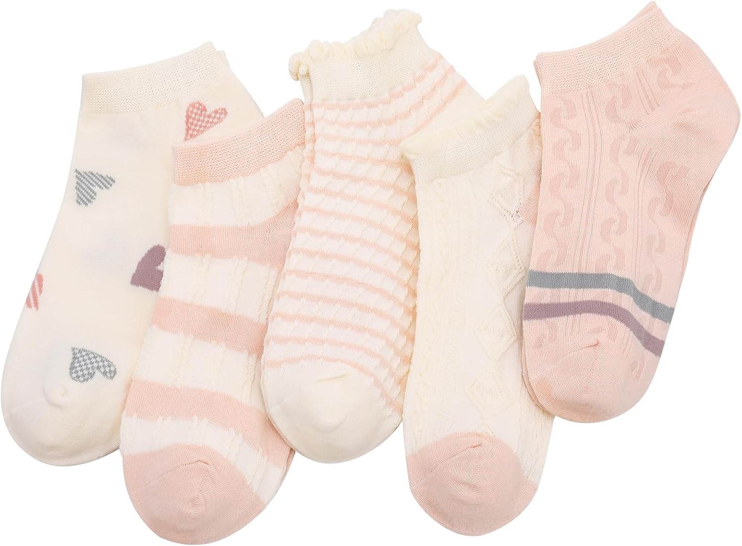 5 Pairs Women's Floral Mesh Socks Ruffled Cuff with Heart Stripe Ankle Casual Dress Sock for Summer Breathable