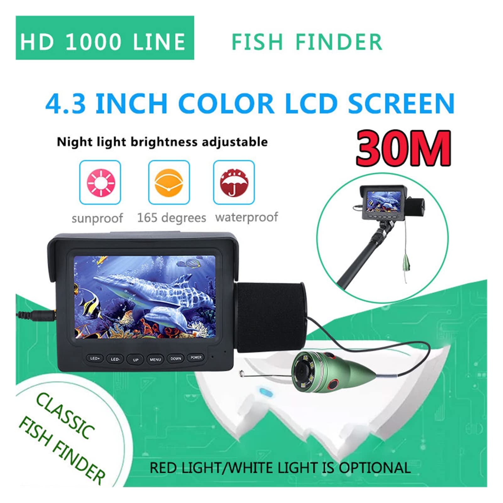 Buscador de Peces, 1 5m / 30m 1200tvl Finder de Pescado cámara Pesca submarina 4.3 Pulgadas Monitor 6pcs 6w IR LED Cámara visión Nocturna for la