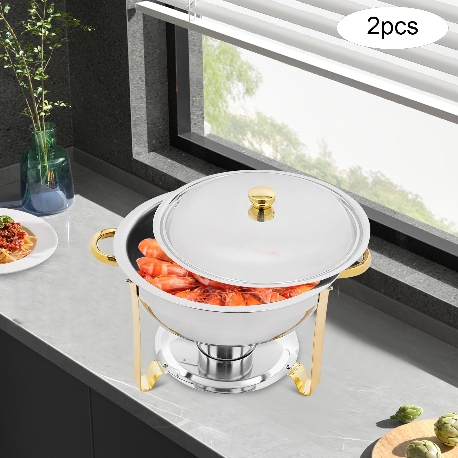 Set di 4 contenitori a buffet per chafing dish, in acciaio inox, 4 x 4,5 l, scaldamani per catering buffet e feste (2 pezzi/oro)
