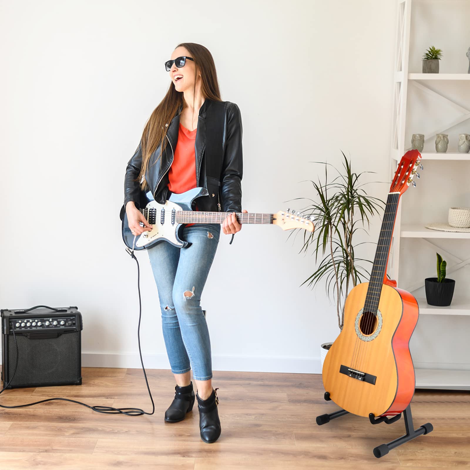 Faltbarer Gitarrenständer, zusammenklappbarer A-Rahmen, Metall, verstellbarer Bassständer mit gepolstertem, klassischem Ukulelenständer, tragbarer Gitarrenständer für Ukulele, Bass, Banjo,
