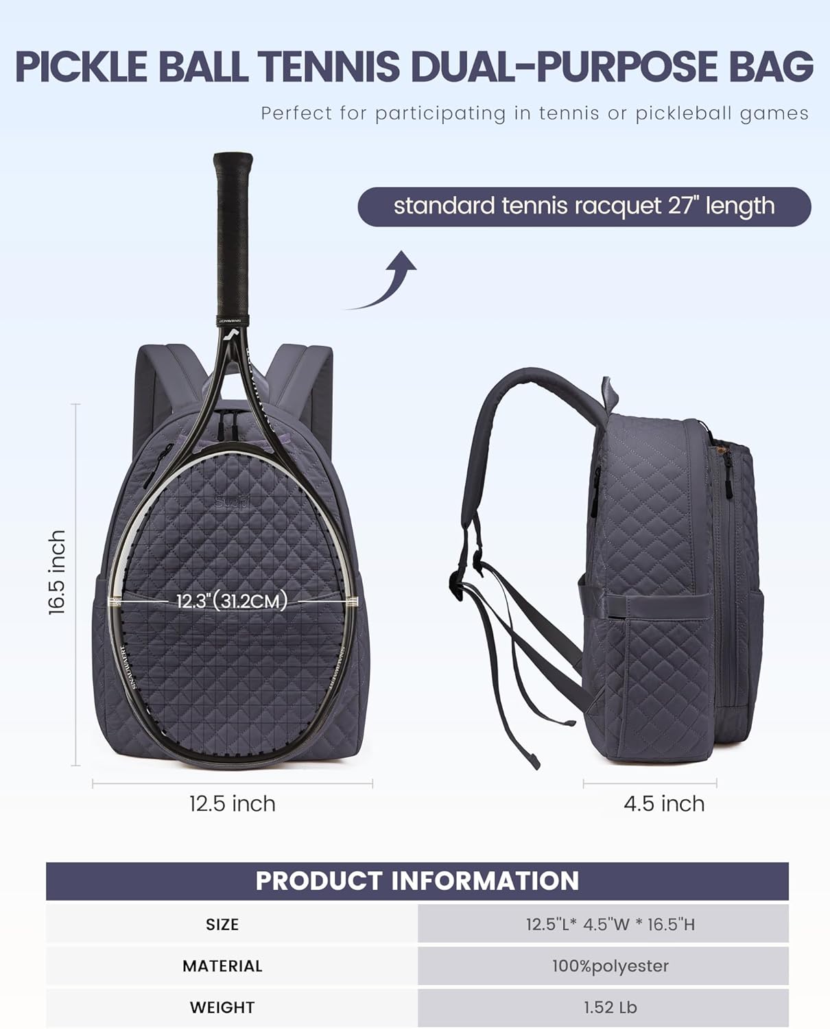 Sucipi Tennis Bags for Women, Quilted Tennis Racket Bag Backpack for Tennis Racquet, Pickleball Paddles, Badminton - Image 3