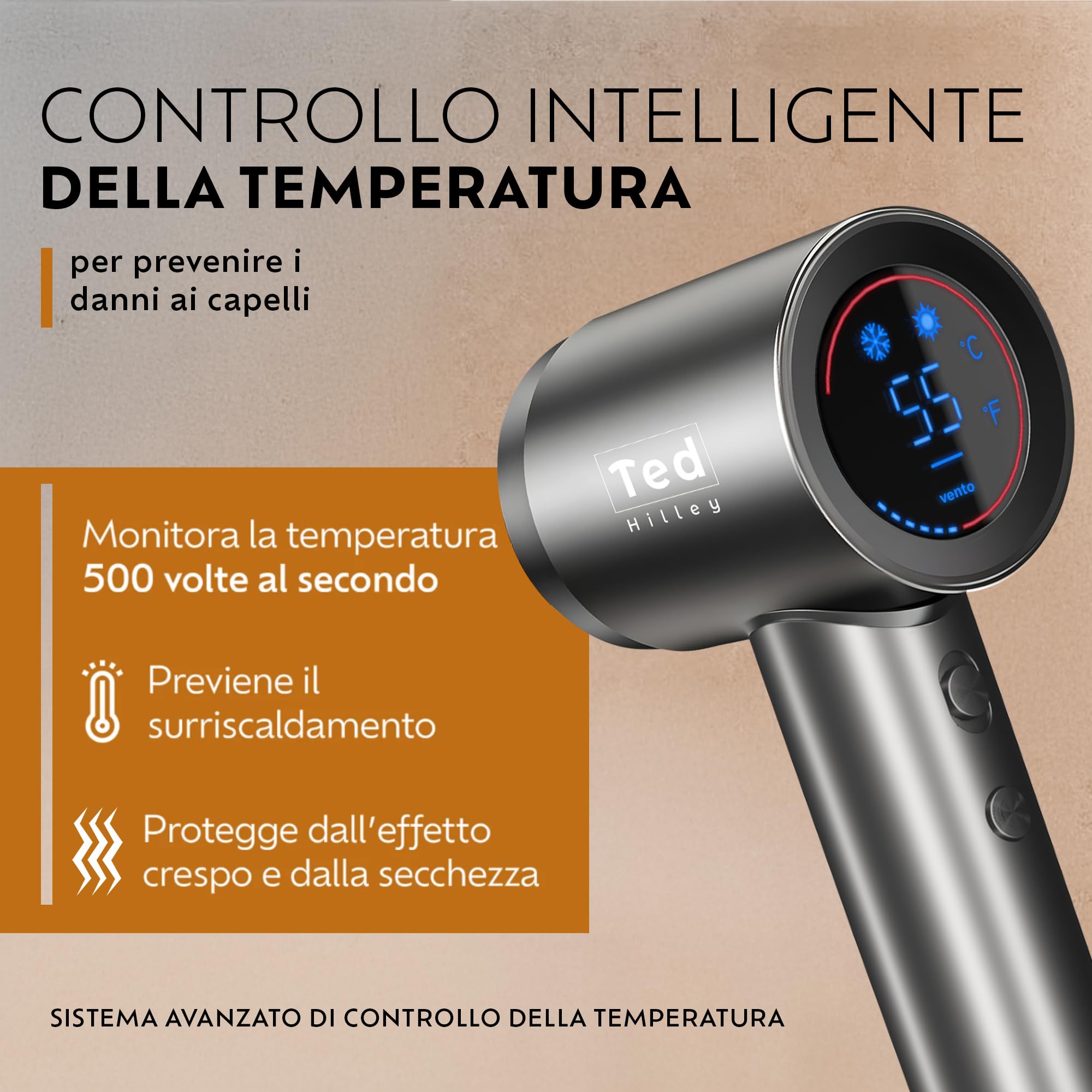 Phon Professionale con Diffusore per Capelli Ricci & Concentratore, Asciugacapelli Ionico 1600 W, 150.000 giri/min, 130 km/h, 500 Milioni di Ioni Negativi, Display Digitale