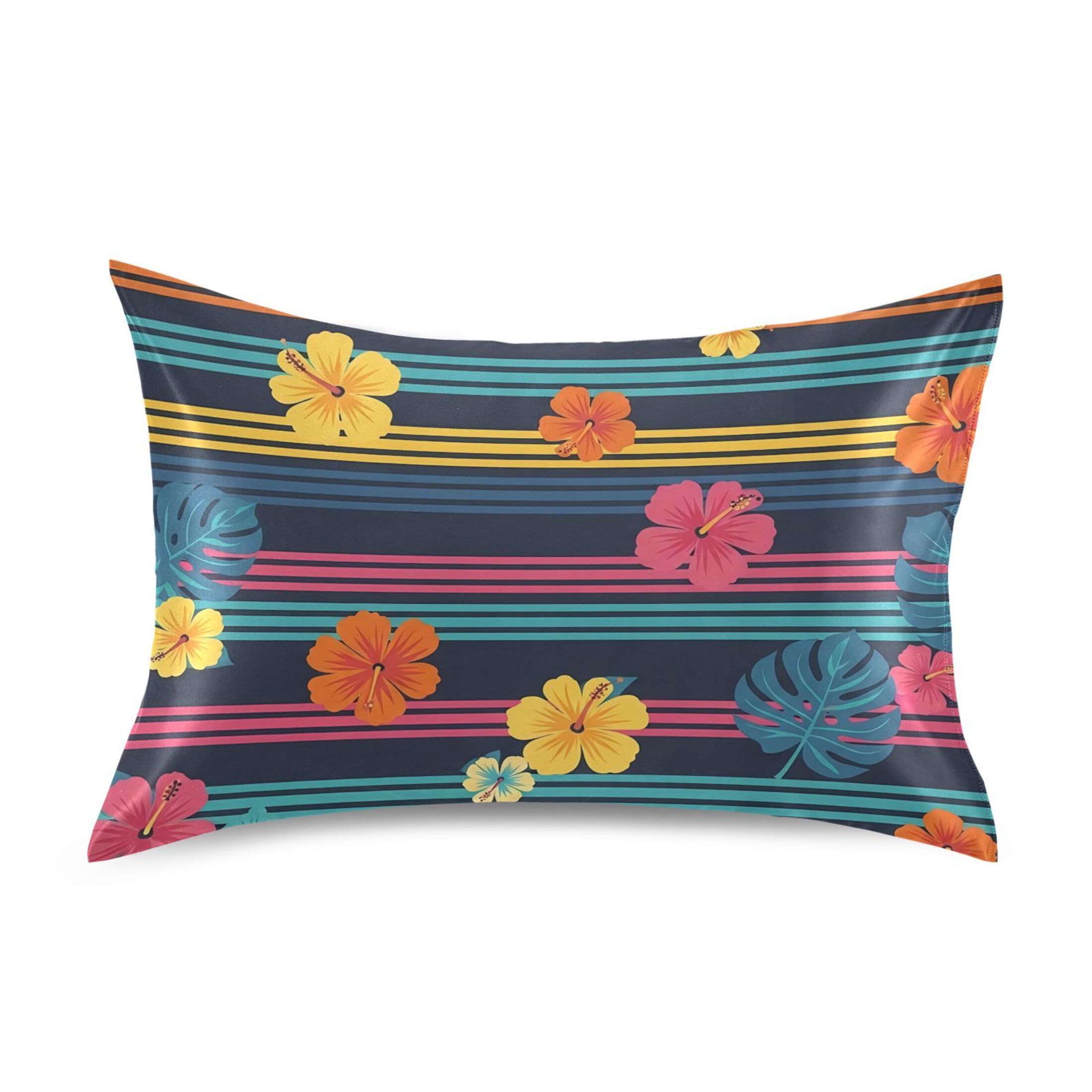 Fuauuyl Pillowcase King Size 20x40 in, Hibiscus Stripes Soft Breathable Satin Pillow Case for Hair and Skin with Envelope Closure Wrinkle-Free