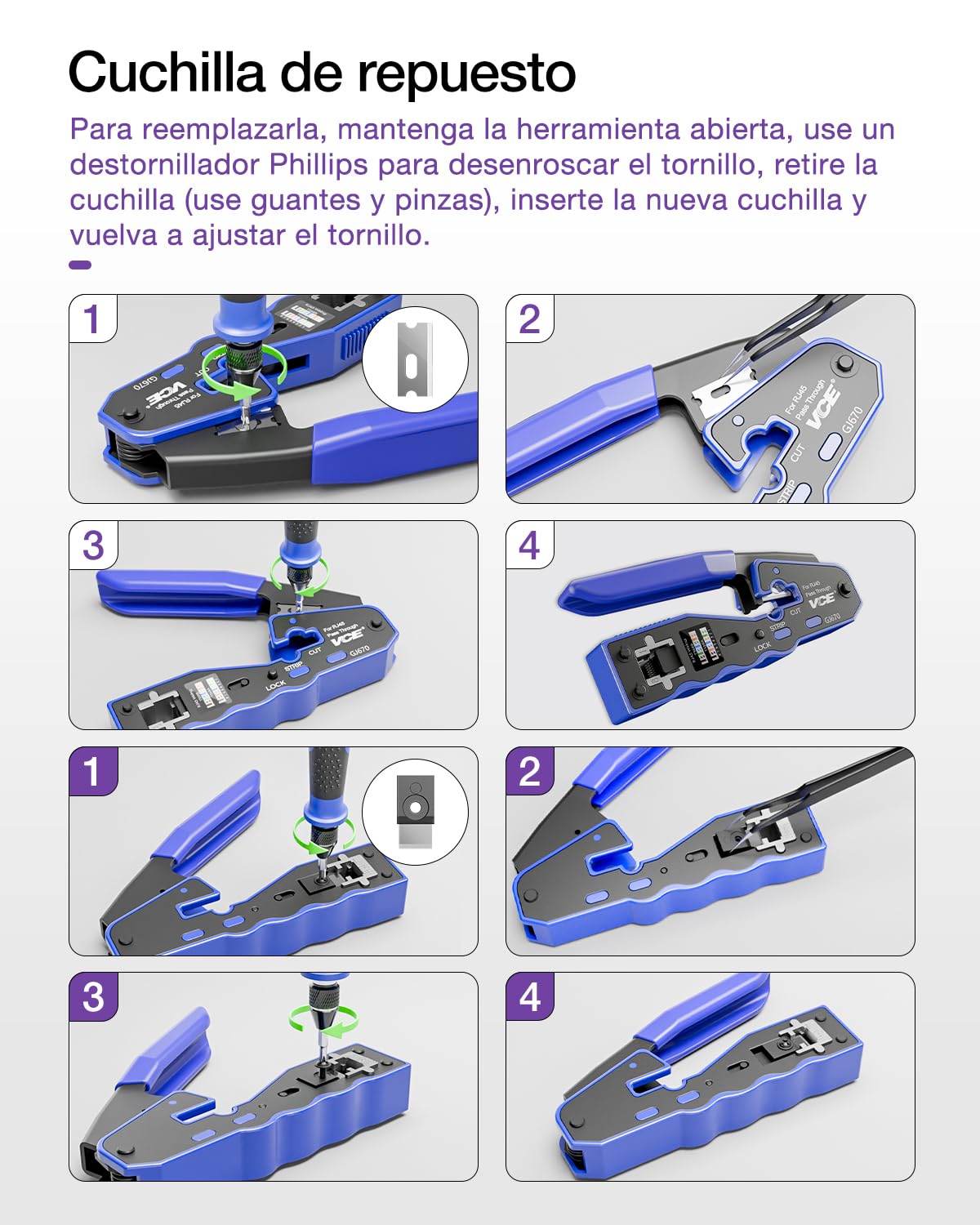 VCE Crimpadora RJ45 Cat7/Cat6A/Cat6/Cat5E GJ670BL Herramienta de Crimpado Universal Corte y Desforre