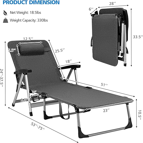 Miniatura 3 de Tangkula Silla tumbona plegable, reclinable ajustable de 7 posiciones con reposacabezas extraíble y soporte para tazas, capacidad de peso de 330