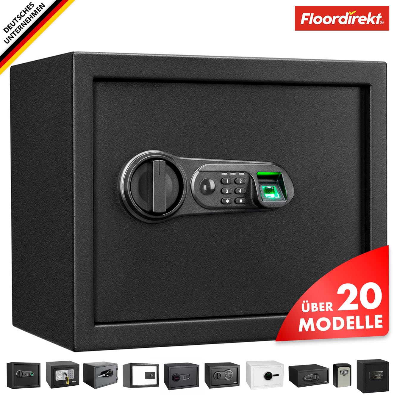 Floordirekt Tresor Catoca 30 x 38 x 30 cm Möbeltresor Safe mit Fingerabdruck Sensor - elektronisches Zahlenschloss, Kombinationsschloss - Wandtresor für Zuhause mit Verriegelungsbolzen