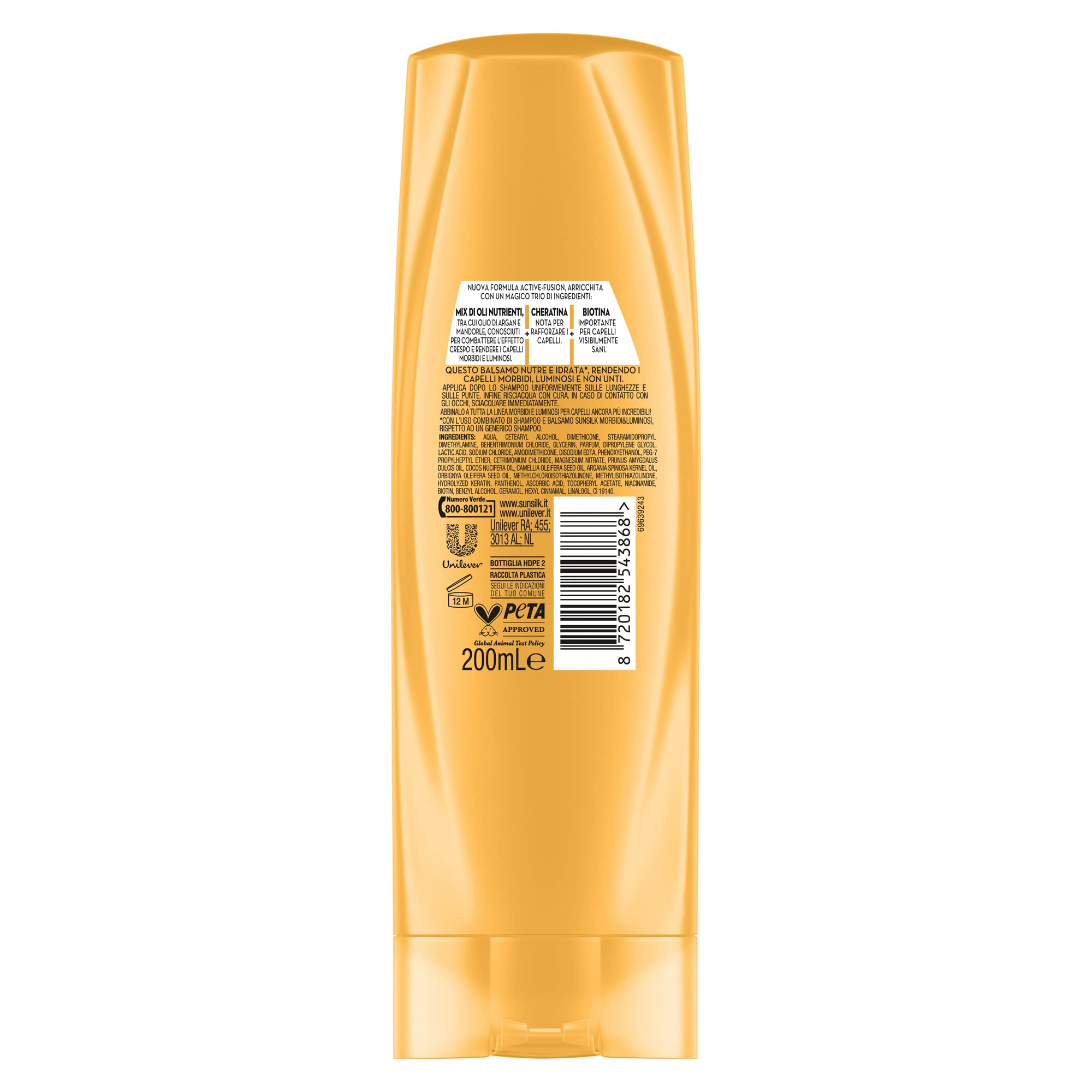 Sunsilk, Balsamo Morbidi e Luminosi, Balsamo Anticrespo, Dona Capelli Morbidi e Non Unti, Formula Active-Fusion con Olio di Argan e Mandorle, Cheratina e Biotina, 200 ml (Confezione da 6)