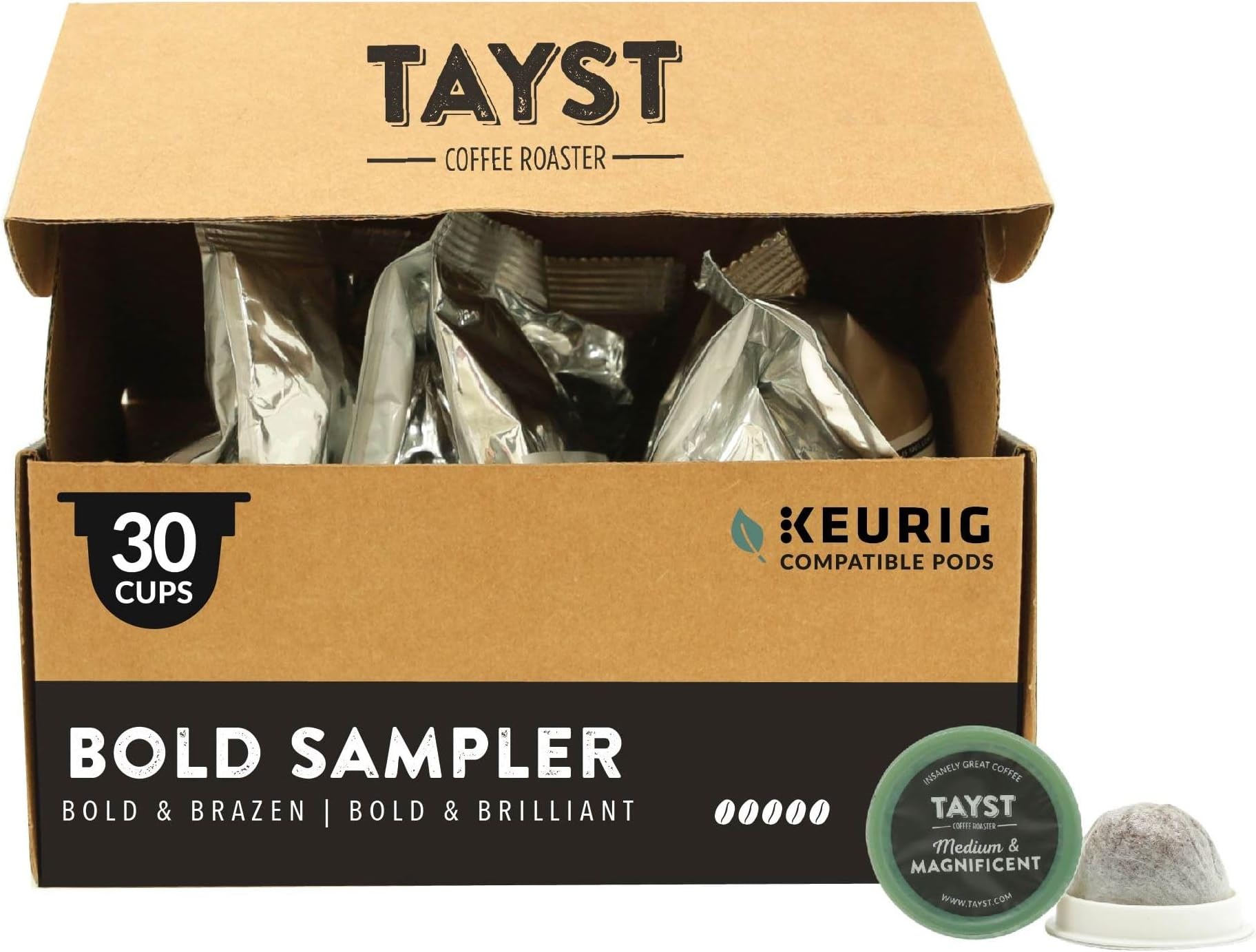 Tayst Coffee Pods, Bold Sampler Box Dark Roast, K Cups Compatible with Keurig Coffee Maker, Sustainable Single Serve, Pack of 30