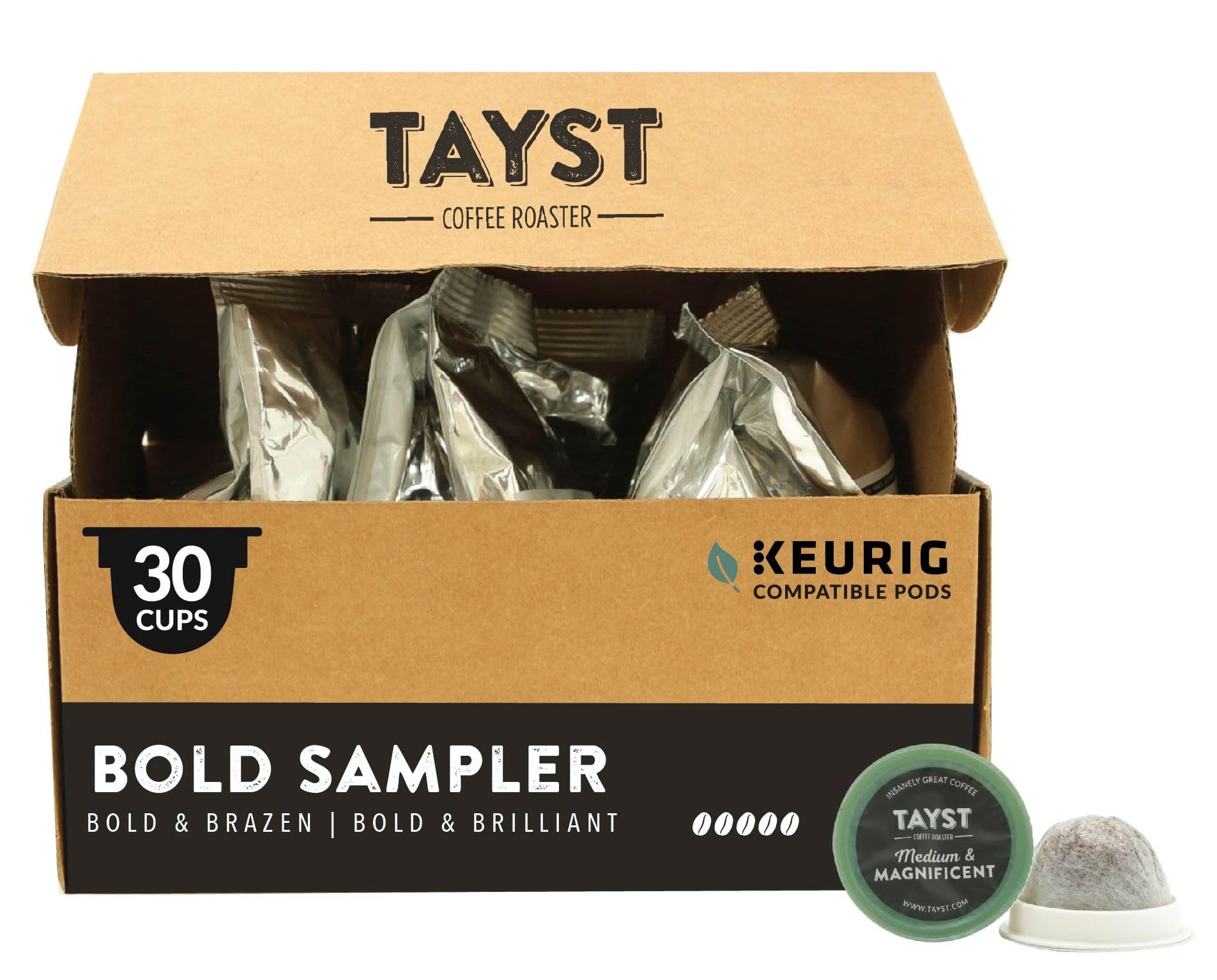 Tayst Coffee Pods, Bold Sampler Box Dark Roast, K Cups Compatible with Keurig Coffee Maker, Sustainable Single Serve, Pack of 30