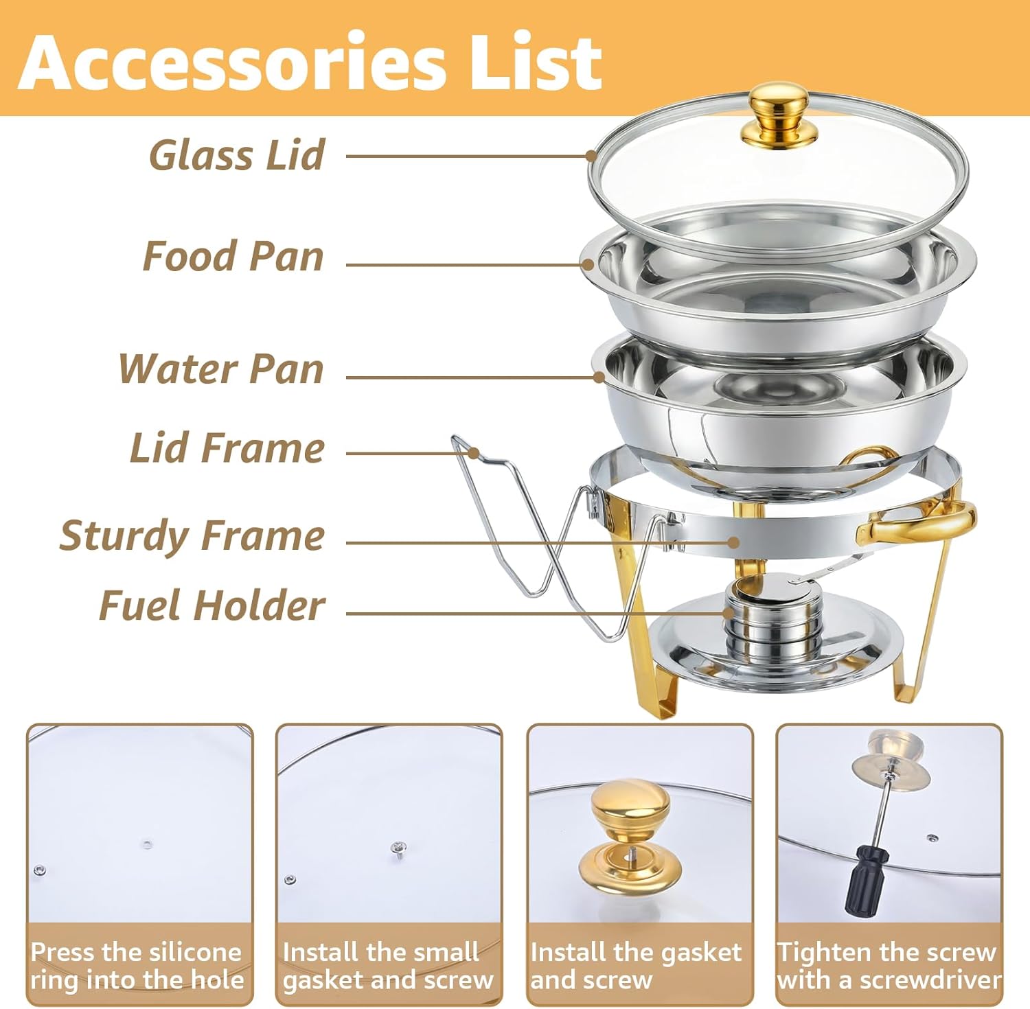 Chafing Dishes for Buffet，2PACK 4.5QT Round Chafing Dishes for Buffet, Gold and Silver Stainless Steel Chafing Dish Buffet Set with Glass Lid and Lid Holder for Home Parties, Gatherings,Wedding