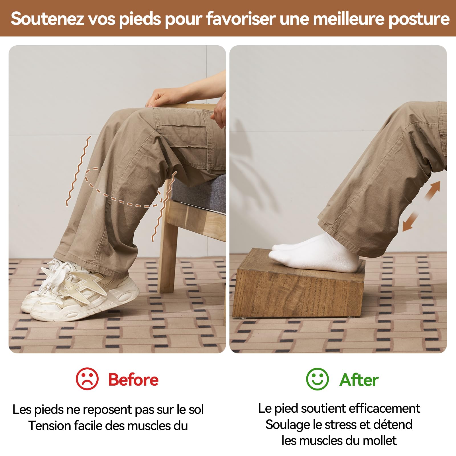 KIRIGEN Repose-pied en bois, repose-pieds de bureau réglable, brun | 40 × 30 cm, base 8/11,5 cm, 4 pieds réglables de 0 à 3 cm, bois massif, livré monté, finition à l’huile végétale