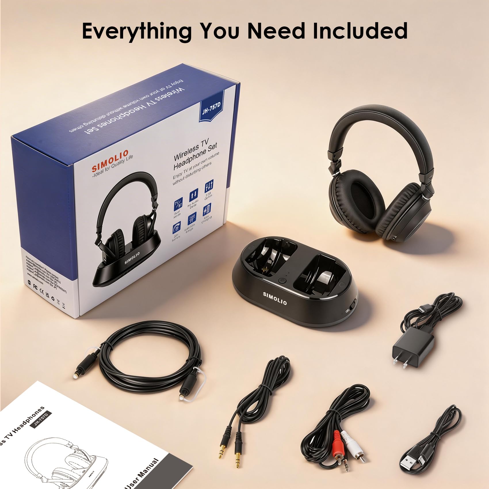 SIMOLIO Cuffie TV Senza Fili per Anziani, Cuffia Wireless Bluetooth | Base di Ricarica, Passaggio Ottico Soundbar, Dialoghi Chiari, Nessun Ritardo, 3 EQ, Controllo Volume, Cuscinetti Sostituibili