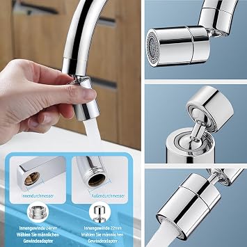 Aerator Kitchen Tap Suitable 360° Swivel Atomizer Tap Adapter Kitchen Tap with 2 Spray Modes for Bathroom Kitchen and Threaded Taps M22 M24