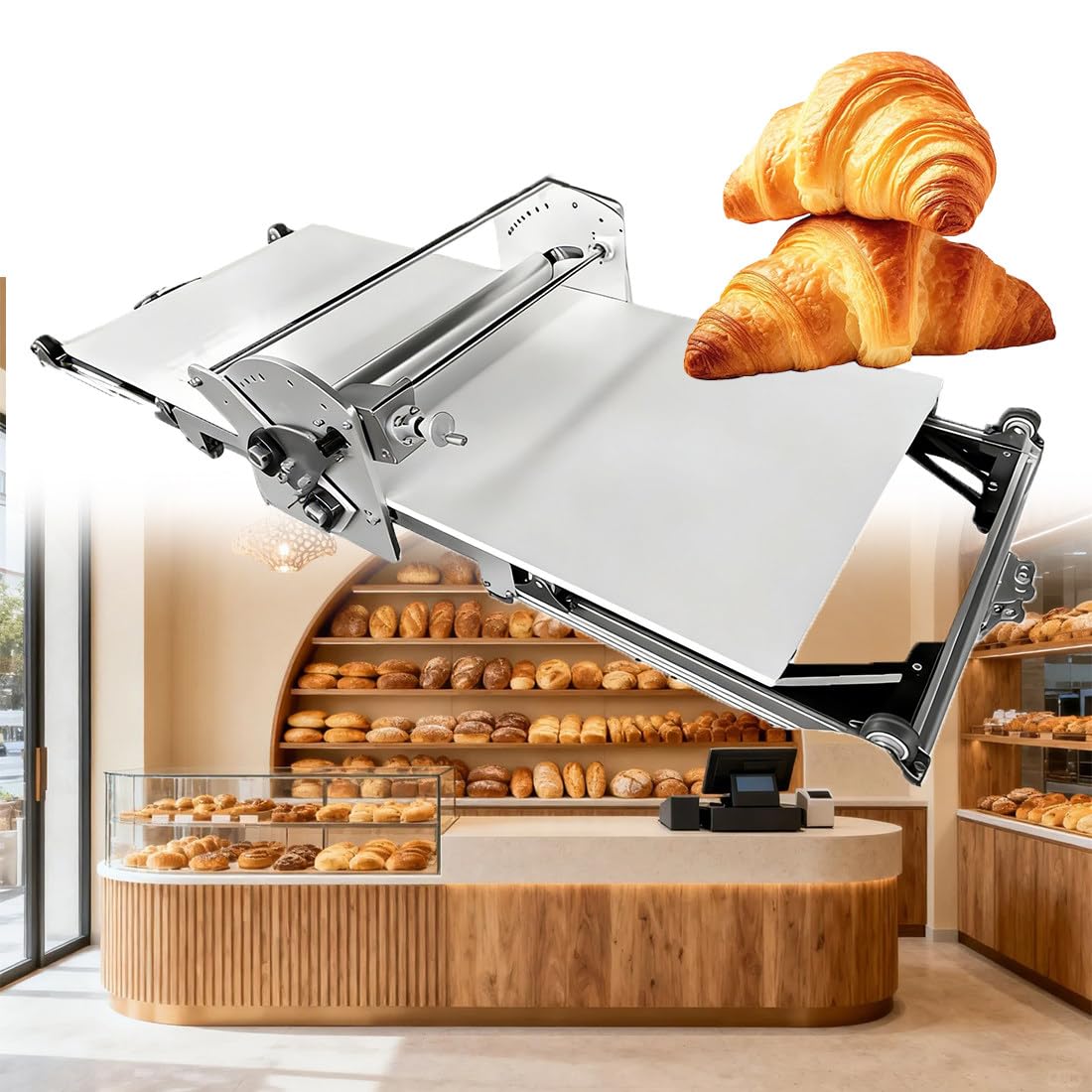 Elektrischer Teigroller & Blechmaschine, faltbarer Edelstahlgebäck-Laminator, verstellbare Dicke 2–30 mm, Vorwärts- und Rückwärtsrollen für Blätterteig, Fondant, Pizza und Croissants