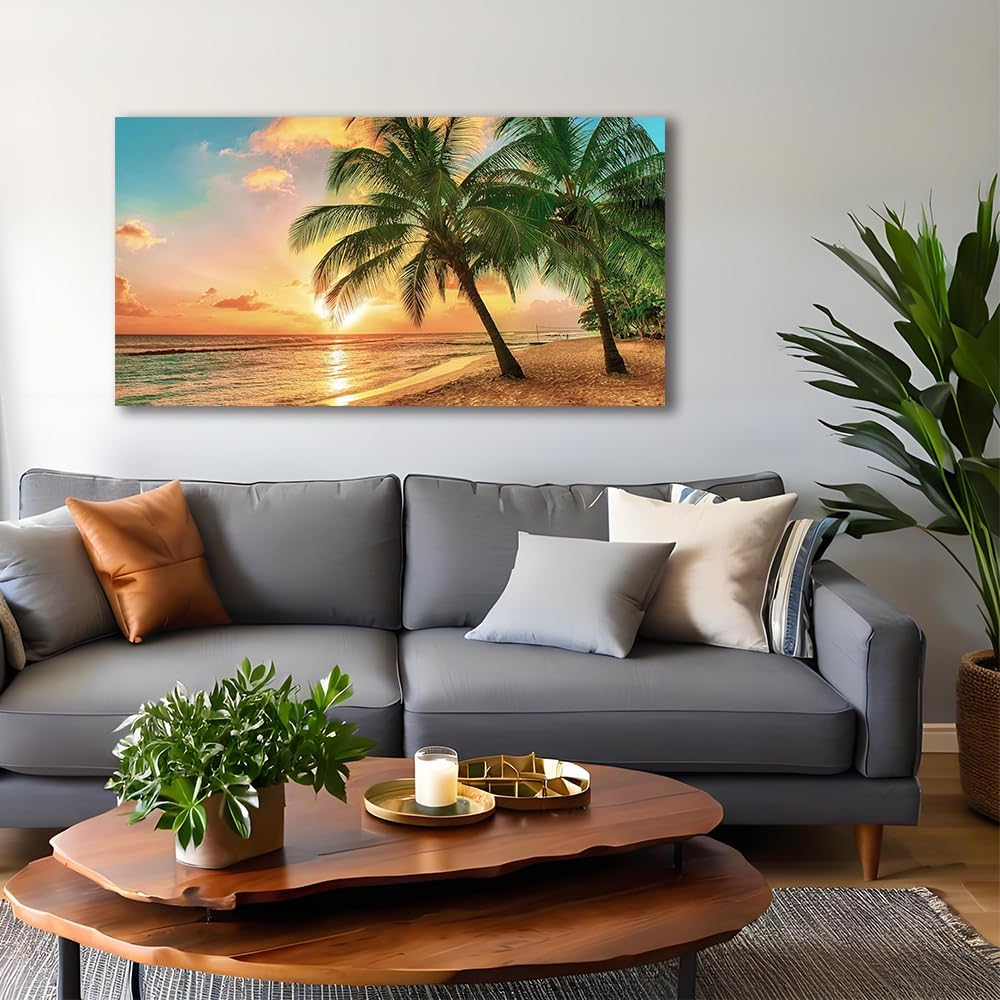 Ocean Wall Art Decor for Living Room Large Beach Canvas Picture for Wall Window Frame Style Palm Tree Artwork Coastal Art Print for Bedroom Blue Seascape Painting for Homen Office decoration, Ready to