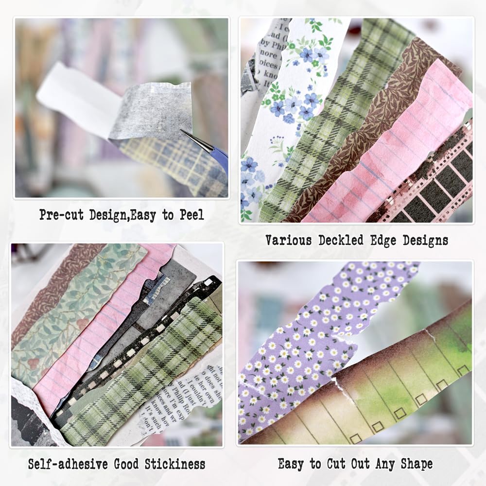 Vintage Washi Stickers for Journaling, 120 Pcs Retro Paper Strip Stickers, 6 Pack Torn Edge Washi Tape Stickers for Junk Journal Supplies, Scrapbooking, Collage, Card Making