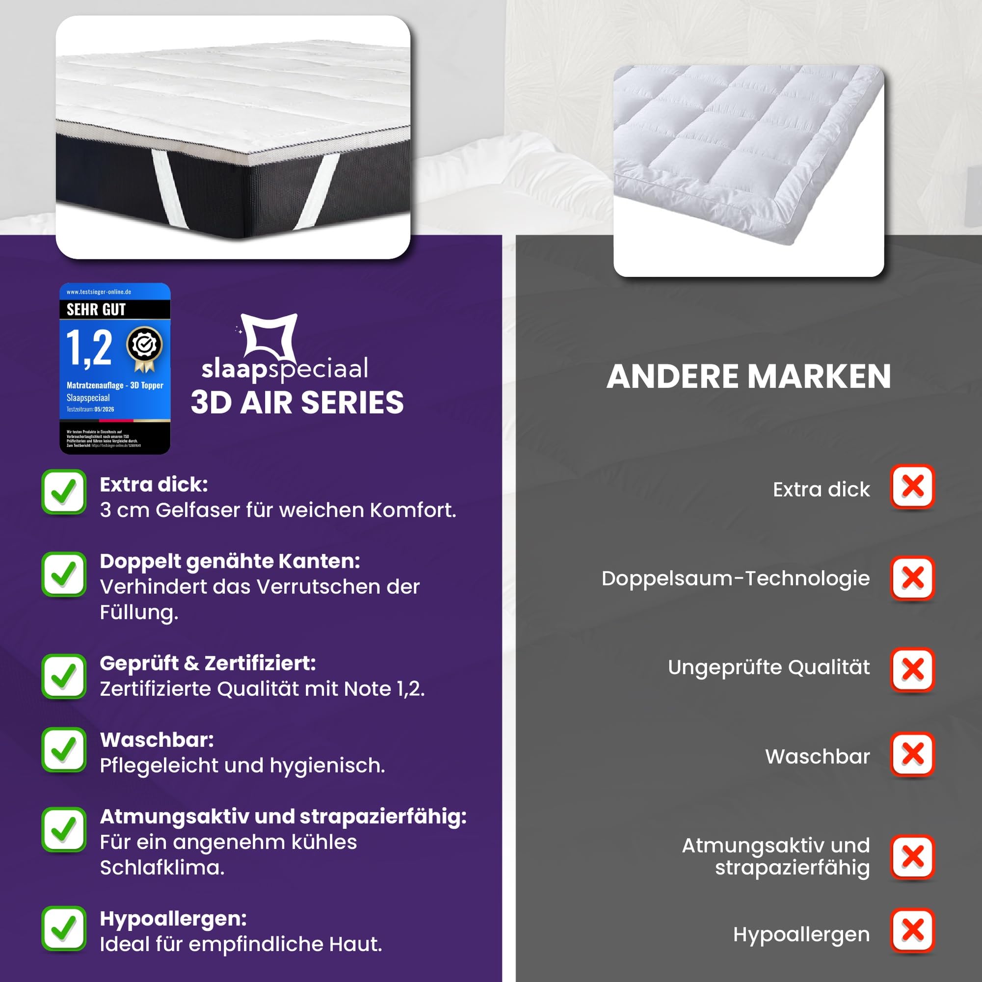 Matratzen-Topper 140x200cm - Ultraweicher 3cm [Luxe Komfort], Atmungsaktives [Airflow Edge] Design - Hypoallergener Bett Topper waschbar