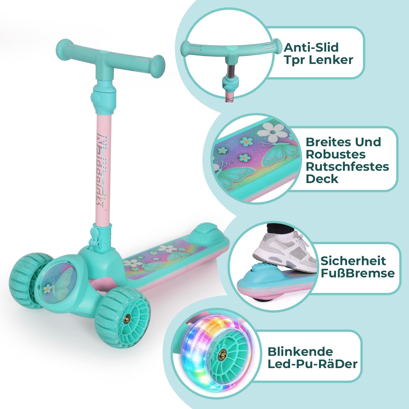 Nattork Scooter Kinder Roller, 3 Räder Kinderroller mit Breitem Rutschfestem Deck und T-Bar-Griff, Balance-Trainings-Roller mit Höhenverstellbarer für Kinder ab 3 Jahren, Maximale bis zu 100kg