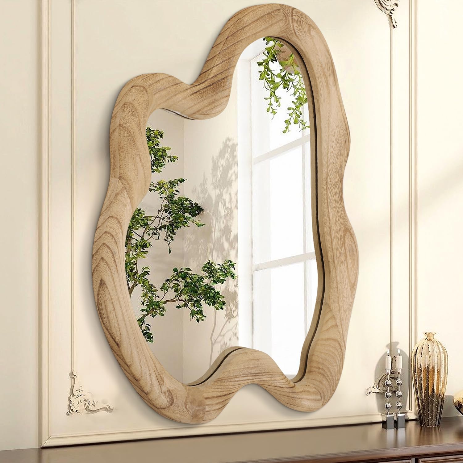 Aazzkang Natural Asymmetrical Wooden Wall Mirror Rustic Irregular Hanging Mirrors Large 70X50cm Decorative For Bathroom Bedroom Living Room Hallway