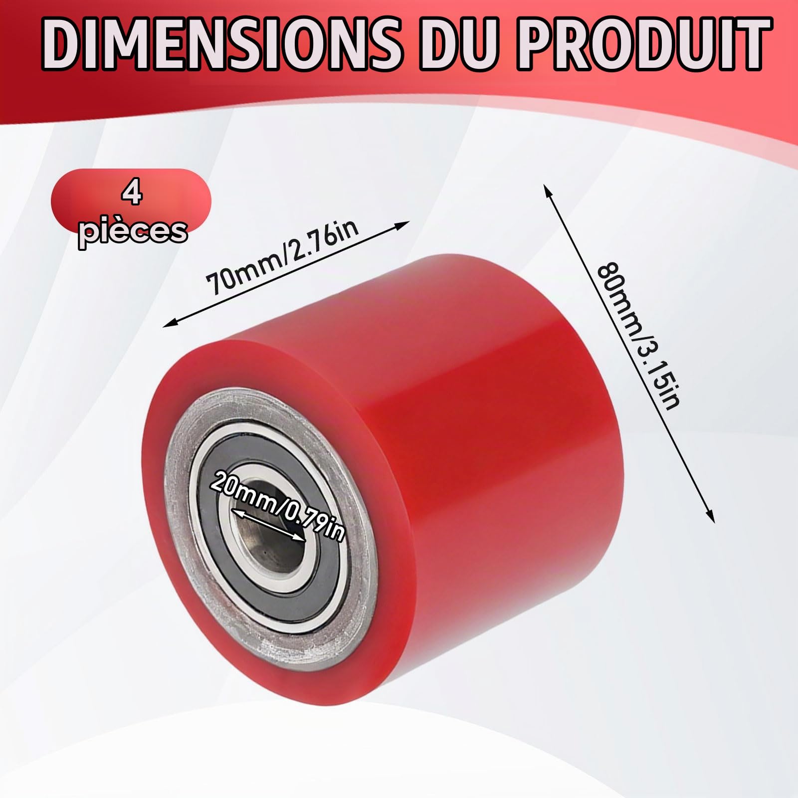 Lot de 4 roulettes de chariot élévateur en polyuréthane 80 x 70 mm - Arbre 20 mm - Roulement à billes inclus - Rouleau de chariot élévateur - Roue de roulement - Rouleau de rechange - Charge maximale