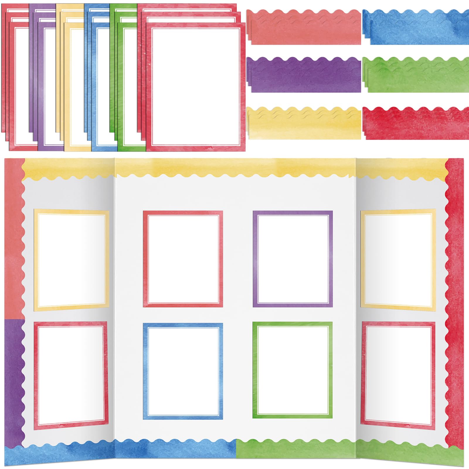 90 Pcs Science Fair Board Supplies Include 72 Trim Scalloped Bulletin Board Borders 18 Presentation Board Subtitles for Classroom Office Display Boards(Watercolors)