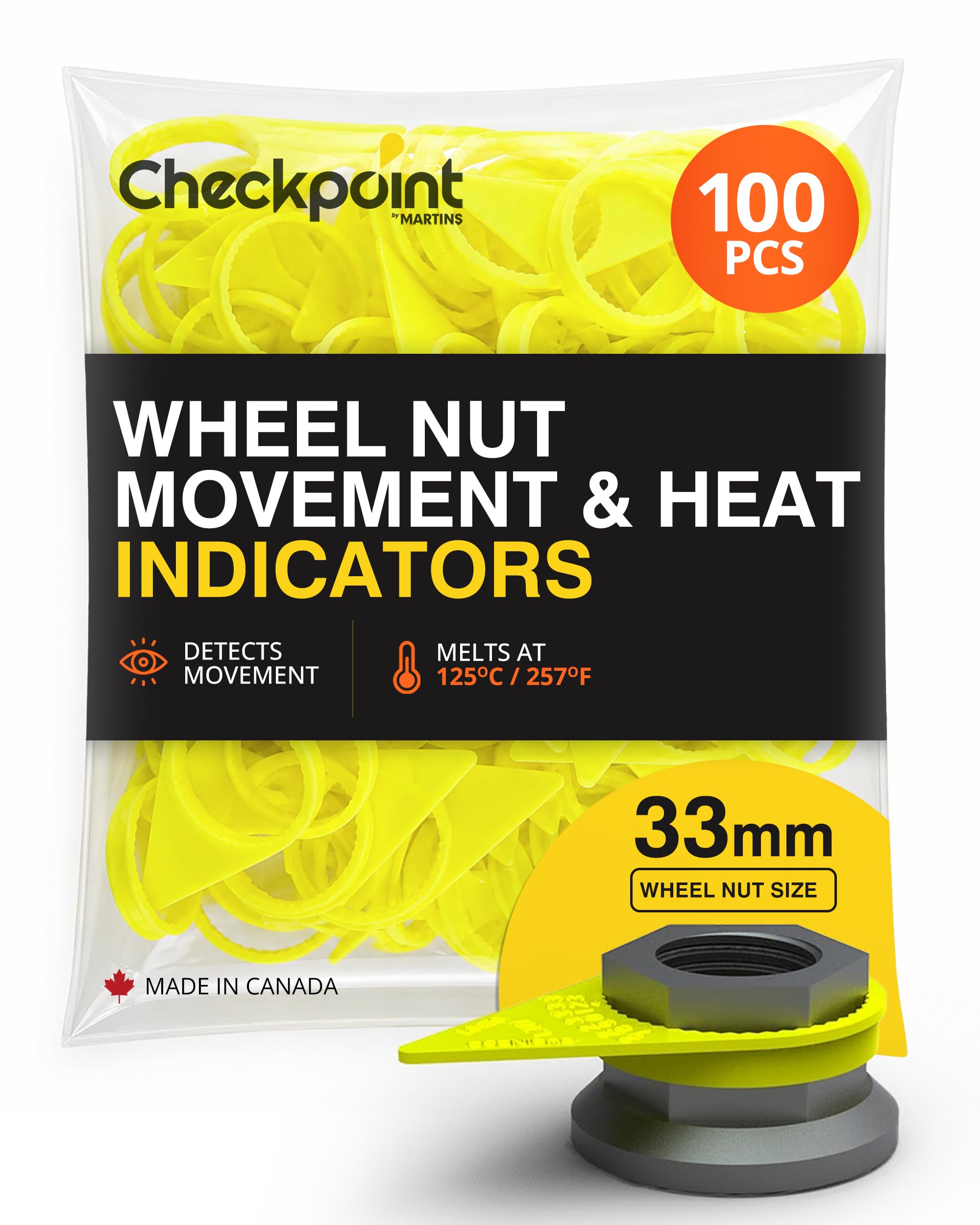 Checkpoint 33 mm Wheel Nut Indicators Yellow – 48-Tooth Lug Nut Safety Indicators, Heat &amp; Movement Detection for Commercial Trucks, Fleets &amp; Trailers (100 Pack)