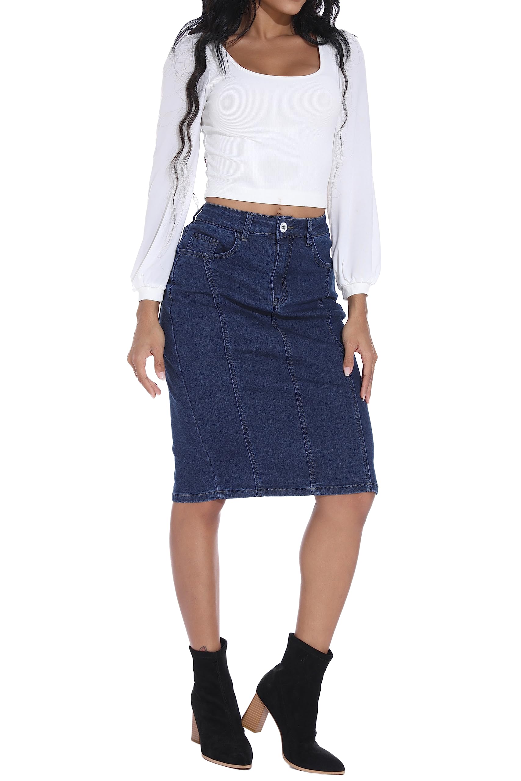 GUANYY Jeansrock für Damen, hohe Taille, knielang, schmale Passform, Bleistift-Stretch-Jeansrock