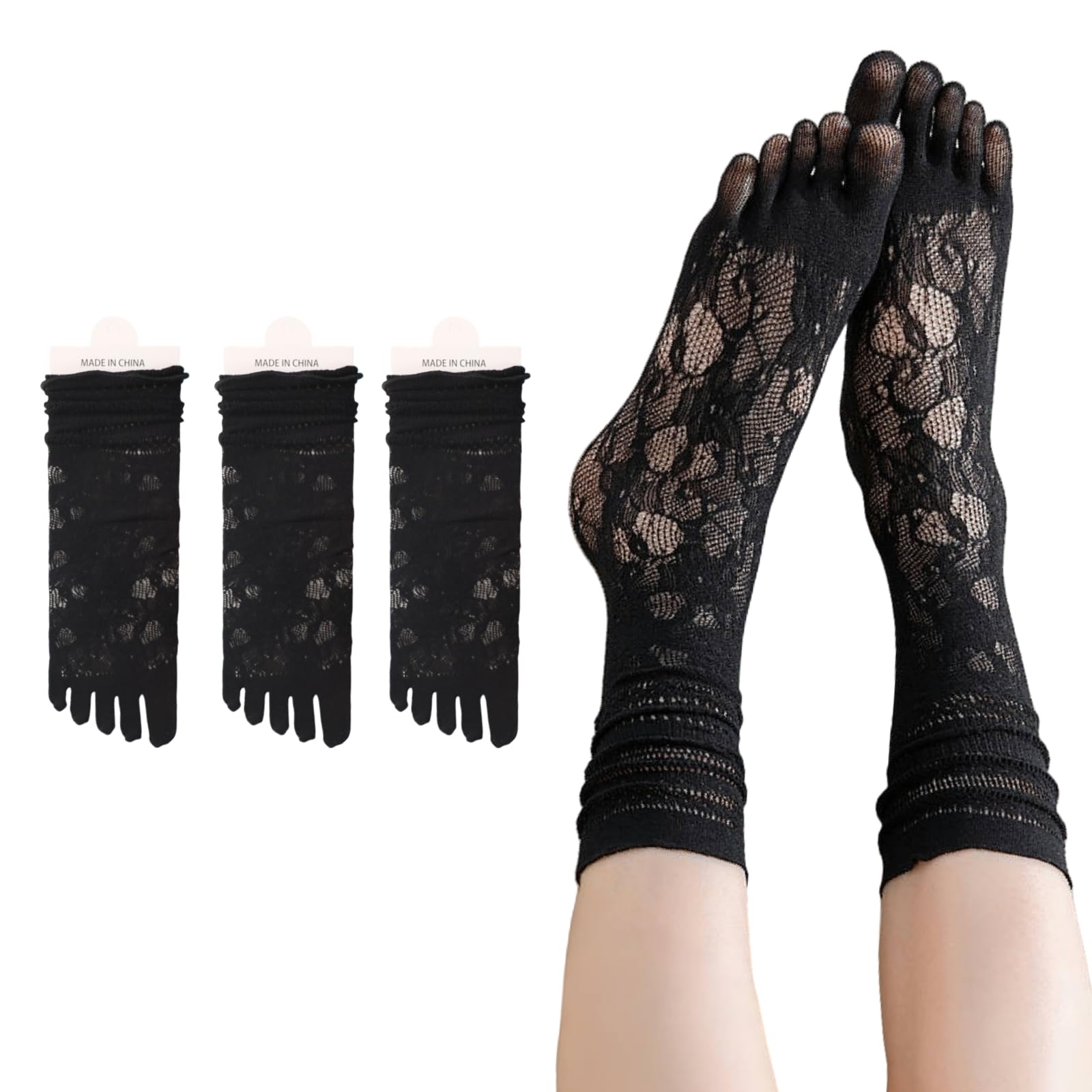 Duoyijin Women's Black Toe Socks 3 Pairs Five Finger Calf Socks Hollow Out Breathable Cute Casual Lace Ruffle Frilly Separator Sock For (Black)