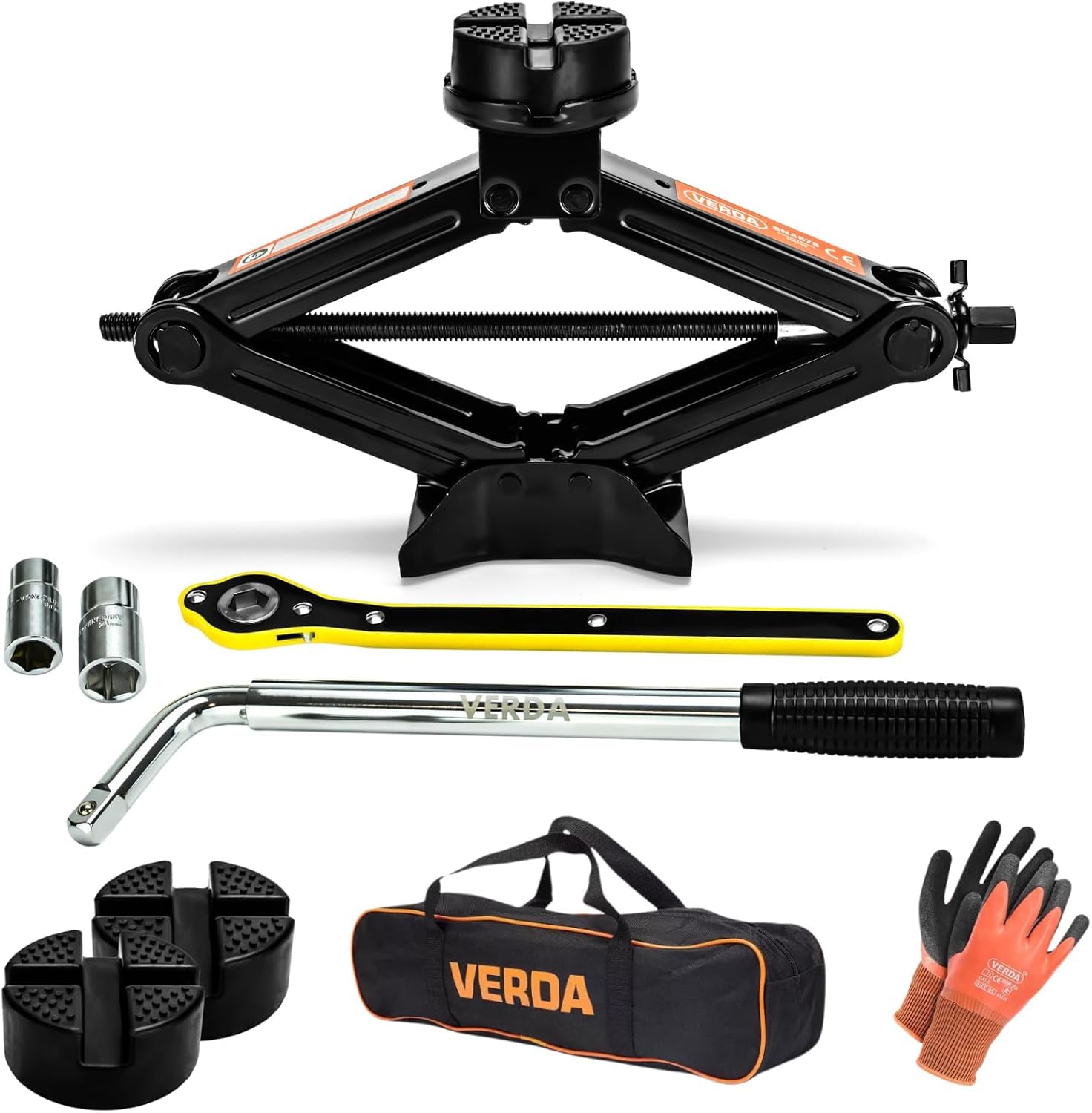 VERDA Scherenwagenheber 2,5T (2500kg) Wagenheber Extra hoch 110-420 mm PKW SUV MPV Car Jack, Radmutternschlüssel, Ratschenschlüssel, Tasche, vergrößerte Stahlplatte