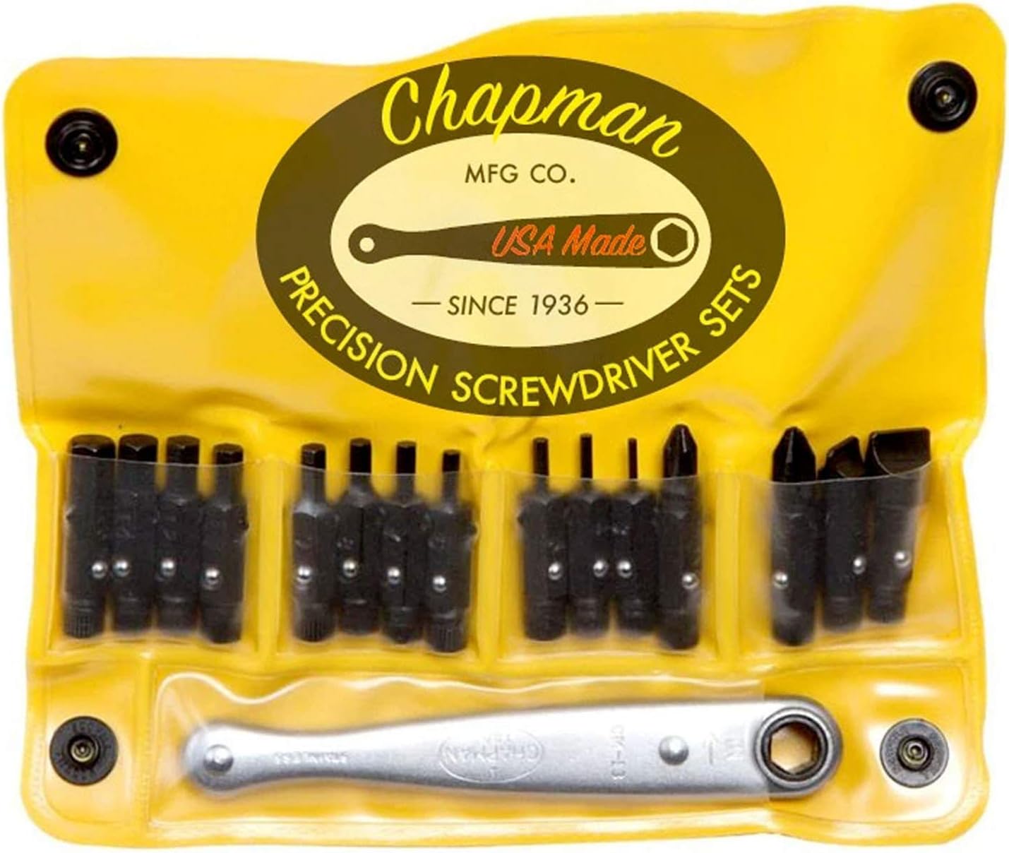 Chapman MFG 1316X All-Purpose Screwdriver Set - 16 Pieces - Includes USA Made SAE Allen Hex, Slotted, Phillips Insert Bits & Mini Ratchet, Soft Vinyl Case, Pocket Size Pack