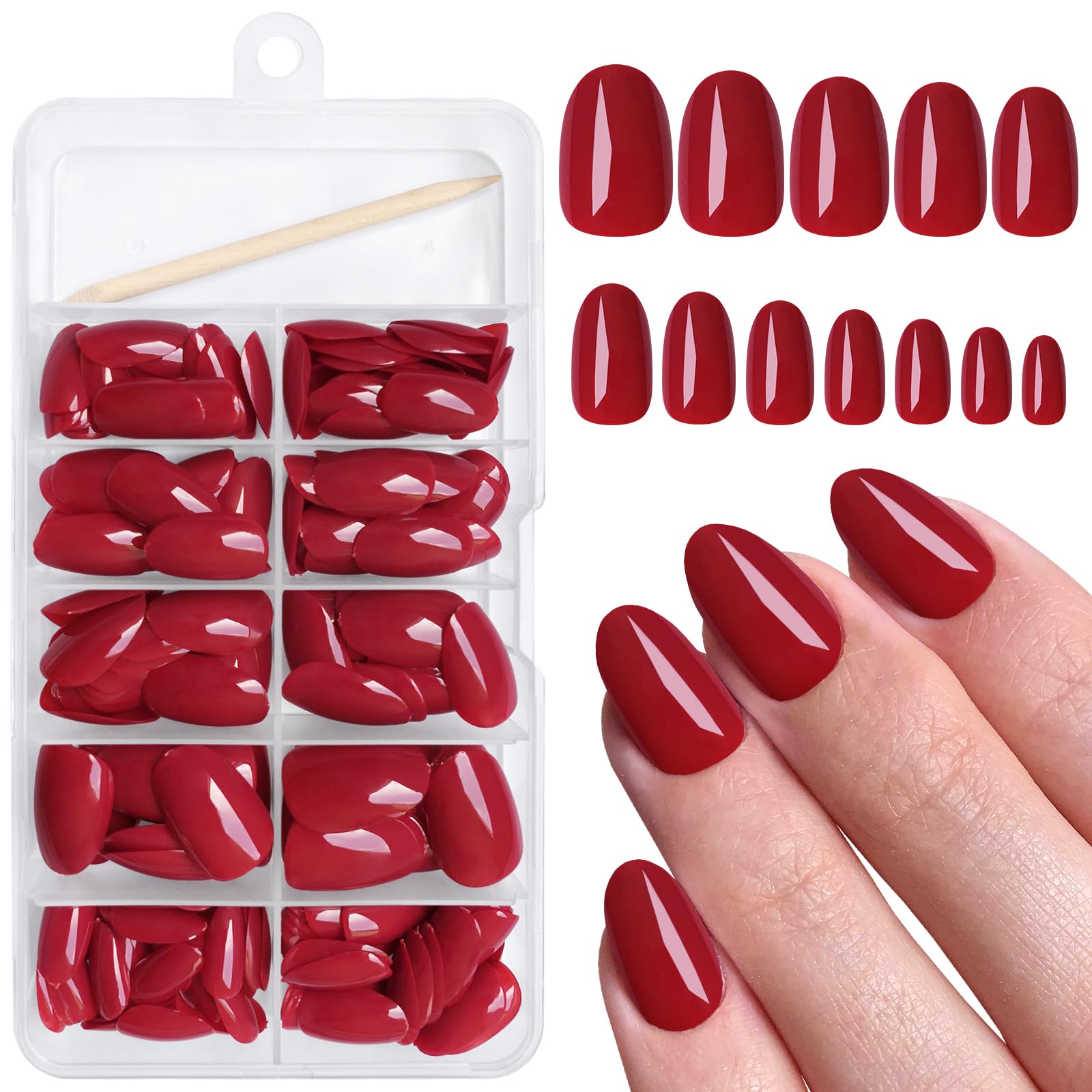 AddFavor Oval Press on Nails Short Fake Nails, 240pcs Red Nails Press on Almond False Nail Full Cover Acrylic Nail for Women and Girls