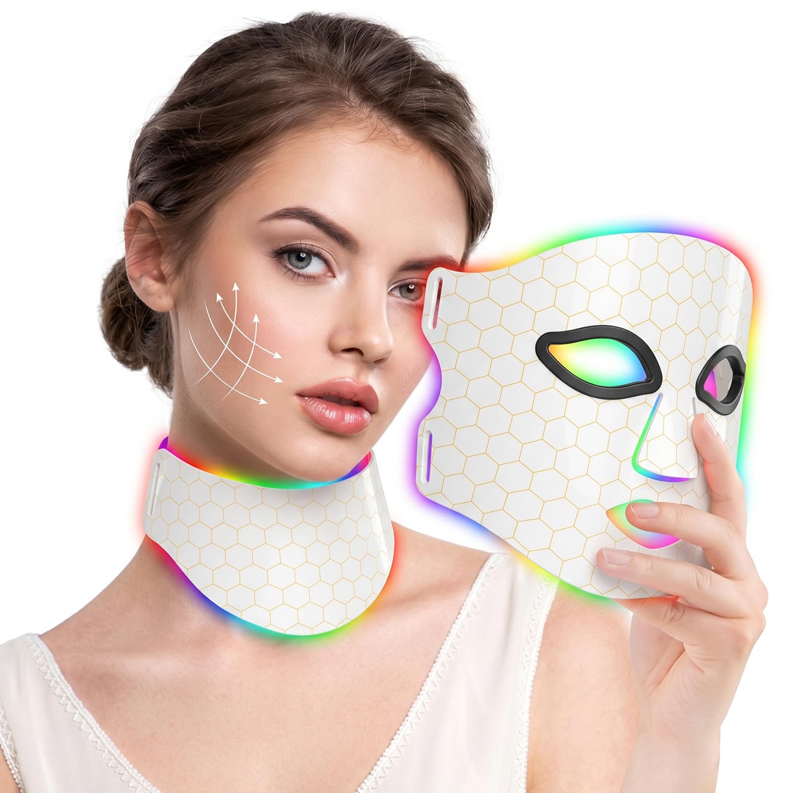Masque Facial LED en 7 Couleurs, Masque de Cou LED avec Effet Revitalisant pour la Peau, Soin des Rides Fines, Masque Facial LED Rechargeable