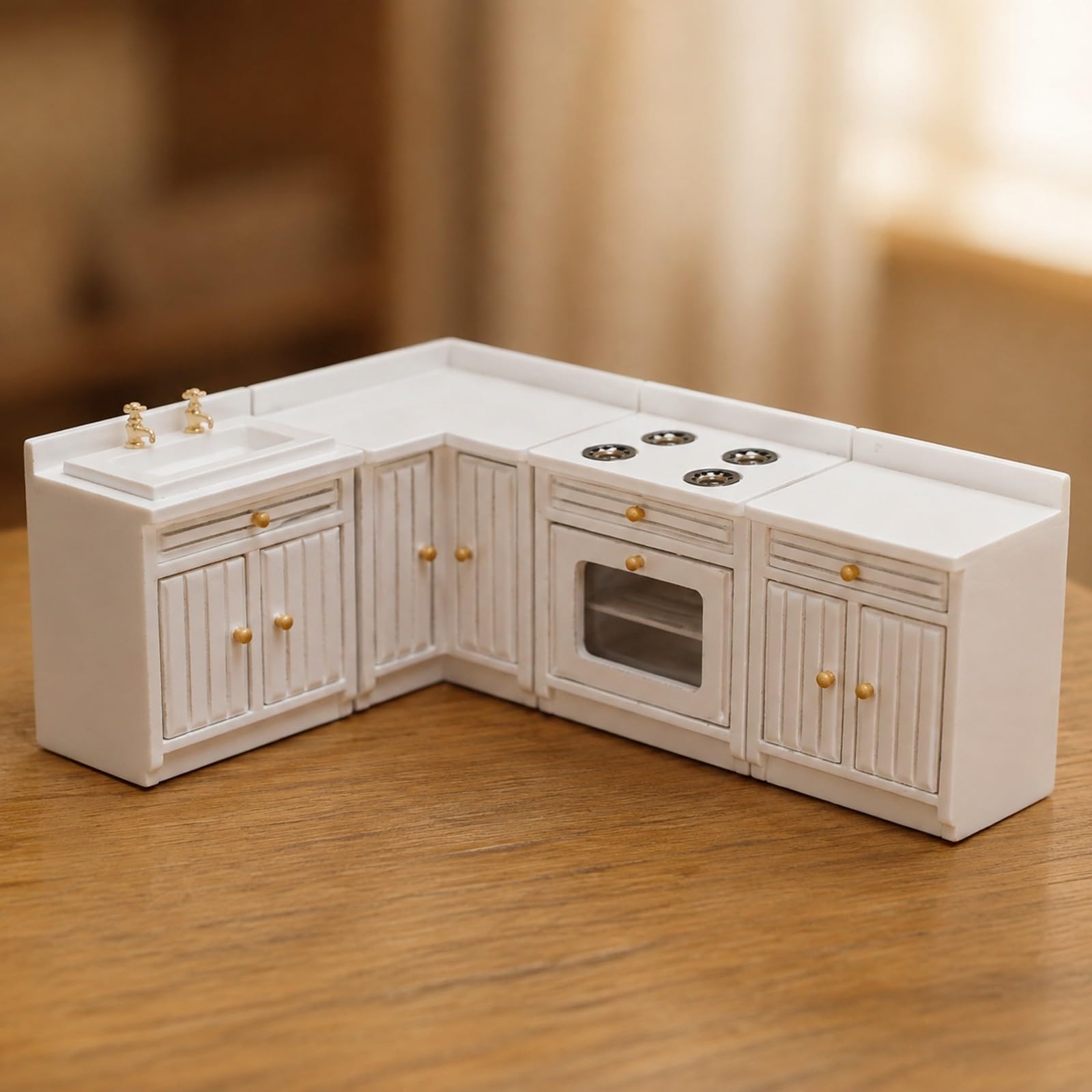 1:12 Puppenhaus Küche Mit Essbereich Stabil Miniatur Küche Mit Herd Und Backofen Puppenhausmöbel Für Modellbauer, Dekorative Sammlung,
