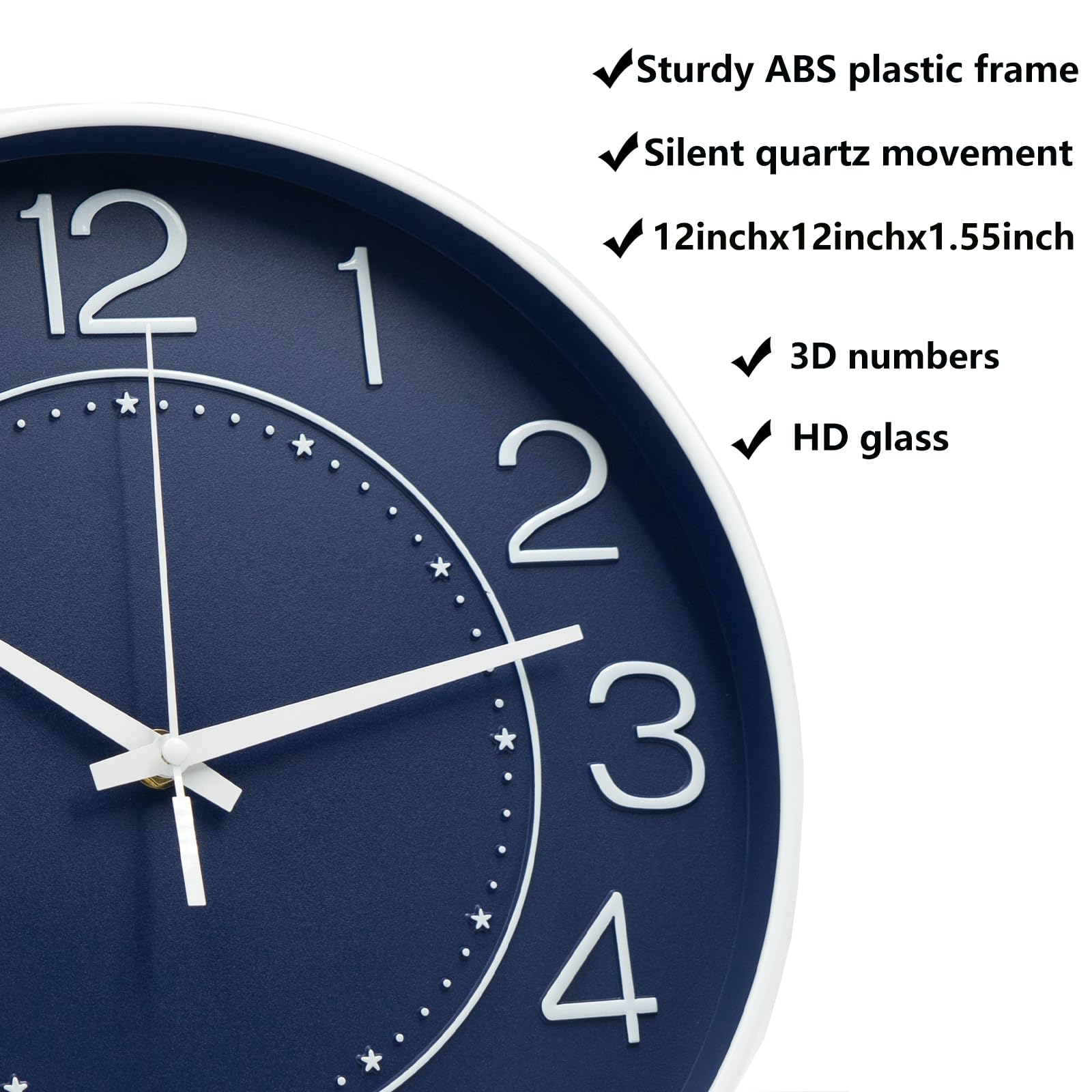 HZDHCLH Wall Clock Silent Non Ticking Clock Round Wall Decor,Wall Clocks for Living Room Kitchen Office (Navy Blue,12inch) - Image 3