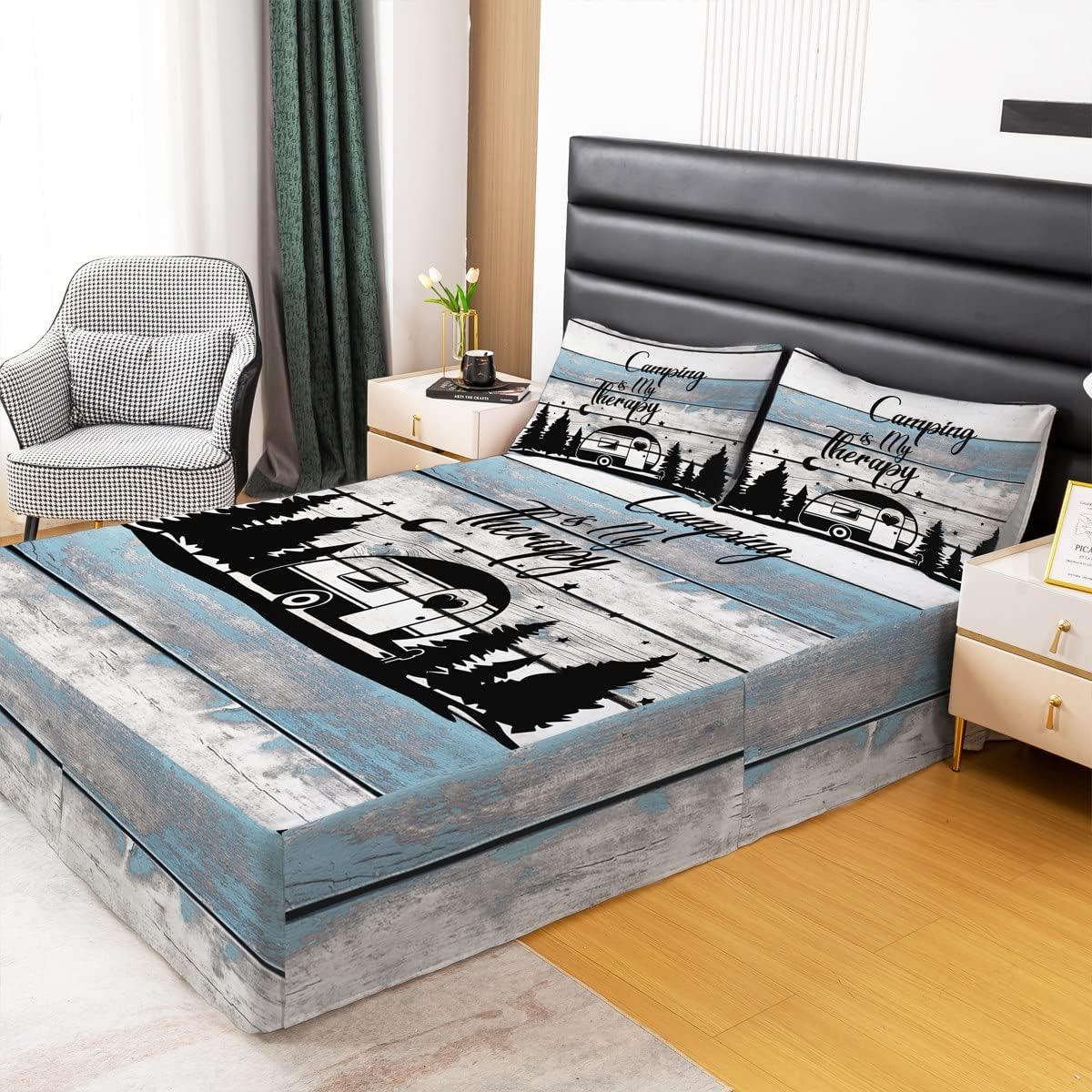 Erosebridal Camping Bed Skirt for Boys Kids Teens Adult Happy Camping Bed Skirts,Rustic Farmhouse Style Bedskirt Old Barn Door Bedding Set Black Sketch Drawing Bedroom Decor 3 Pcs, King Size