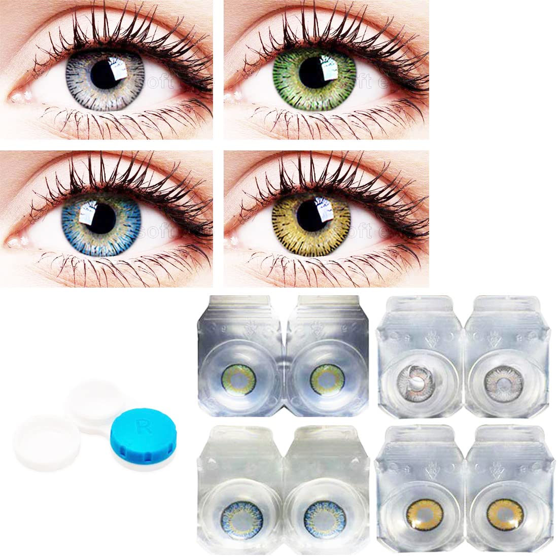 Eyeshine Combo Pack of 4 Pairs of Monthly Color Contact Lenses (Green,Grey,Blue & Hazel) (Zero Power/Lenses Only) With Case & Solution