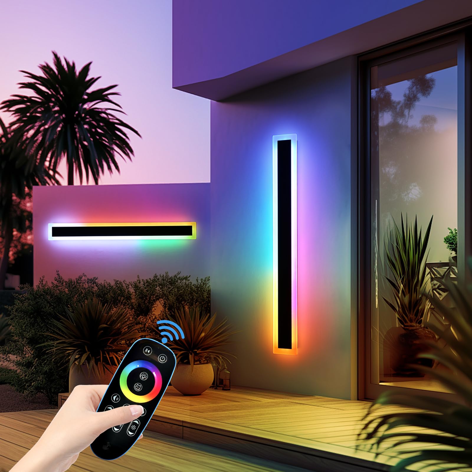 Mikeru Upgraded Widened RGB Long LED Wall Lights, 2Pack 47.2inch Outdoor Sconces RGB/Warm/White Dimmable Outdoor Wall Lights Exterior Front Porch Light Ip65 Waterproof Wall Sconce with Remote Control