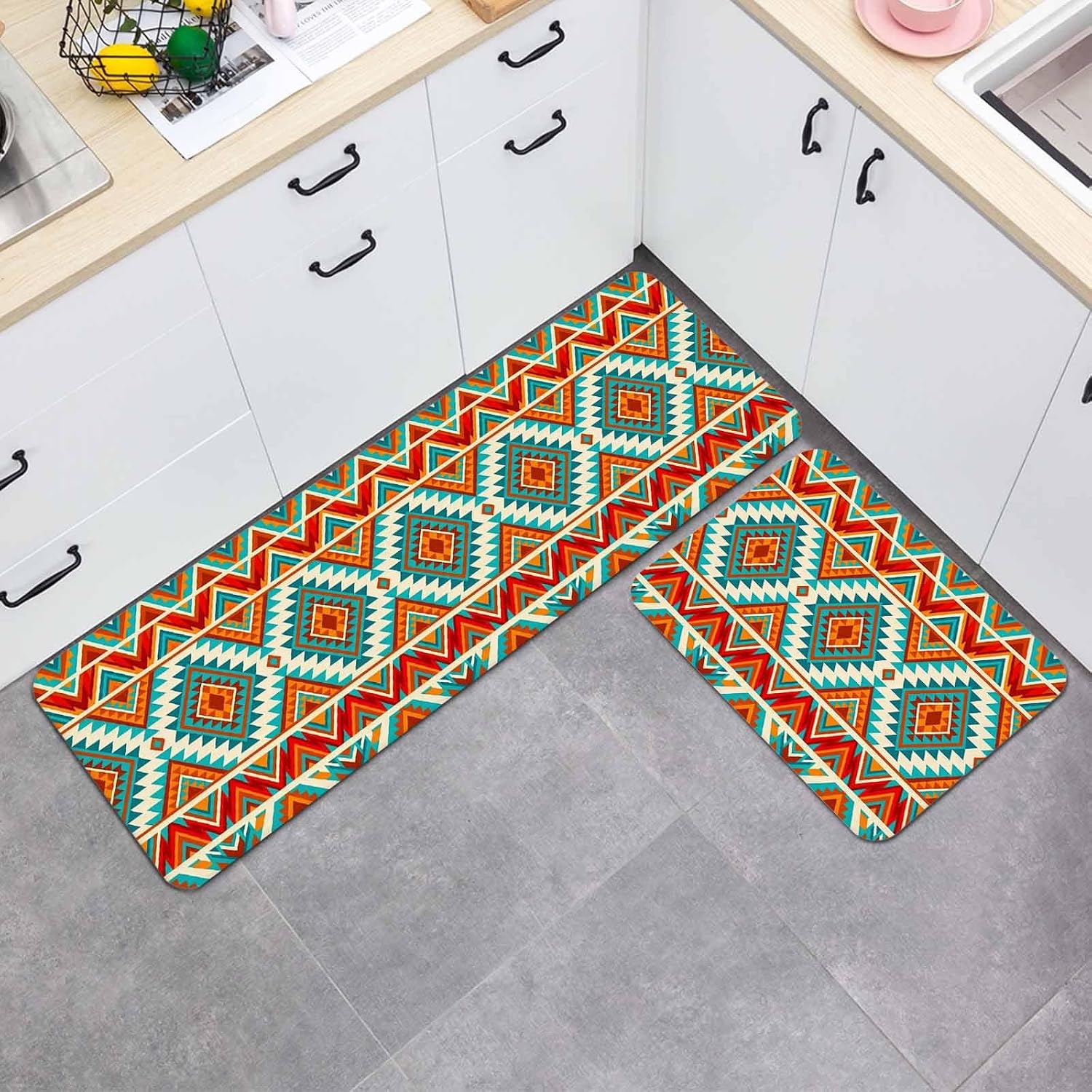 Prime Leader Boho Tribal Kitchen Mat Set 2 Pieces Orange Teal Tribal Ethnic Geometric Striped Argyle Non Slip Kitchen Rugs Washable Runner Rug Mats for Sink Laundry (23.6" x 35.4"+23.6" x 70.9")