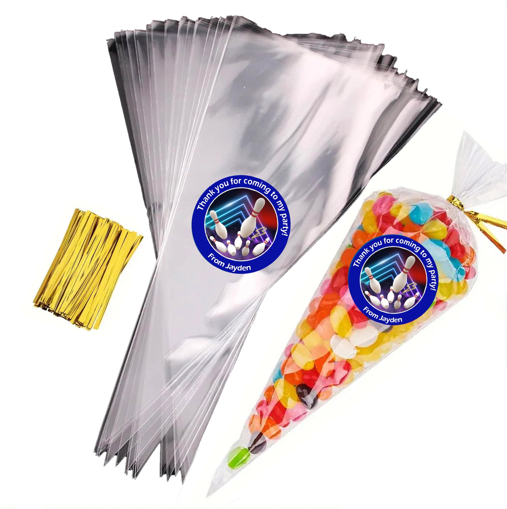 Treasured Forever Limited Purple 24 Personalised Bowling Party Stickers – Thank You Labels For Sweet Cones & Favour Bags - Stickers & Empty Cone Bags