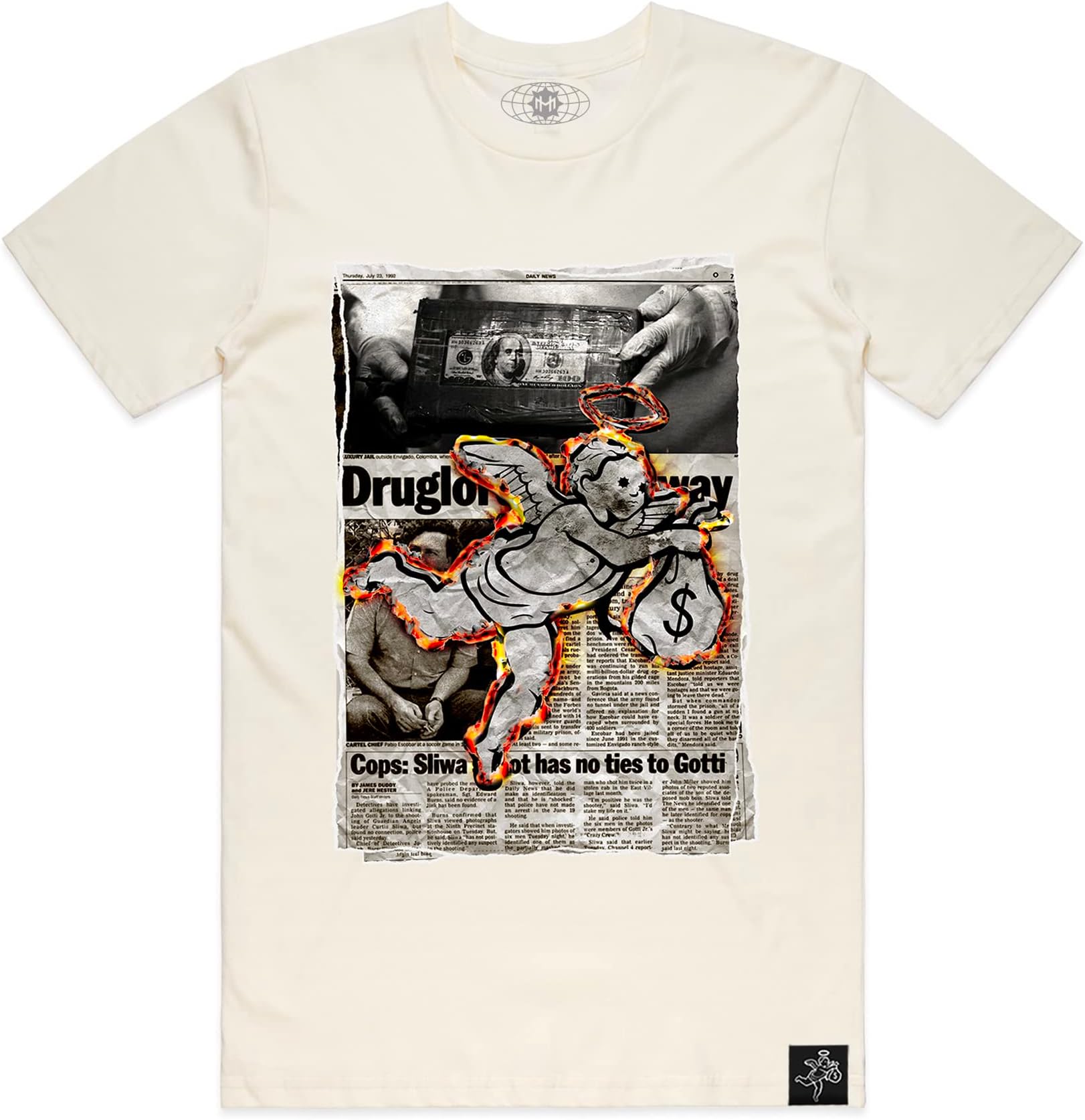 HastamuerteGraphic Tees for Men - Newspaper Burning Angel Tee Cotton Mens Graphic T-Shirts