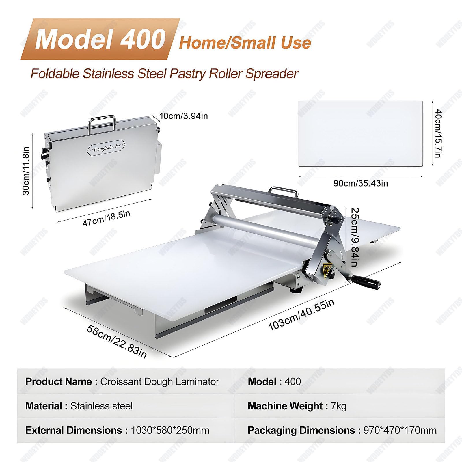 Folding Dough Sheeter,Manual Stainless Steel Dough Machine,Dough Sheeter Machine for Home,(With Sheeter Board) Thickness Adjustable,Suitable for Home and Commercial Use,Pizza,Pasta,Pastry Model400