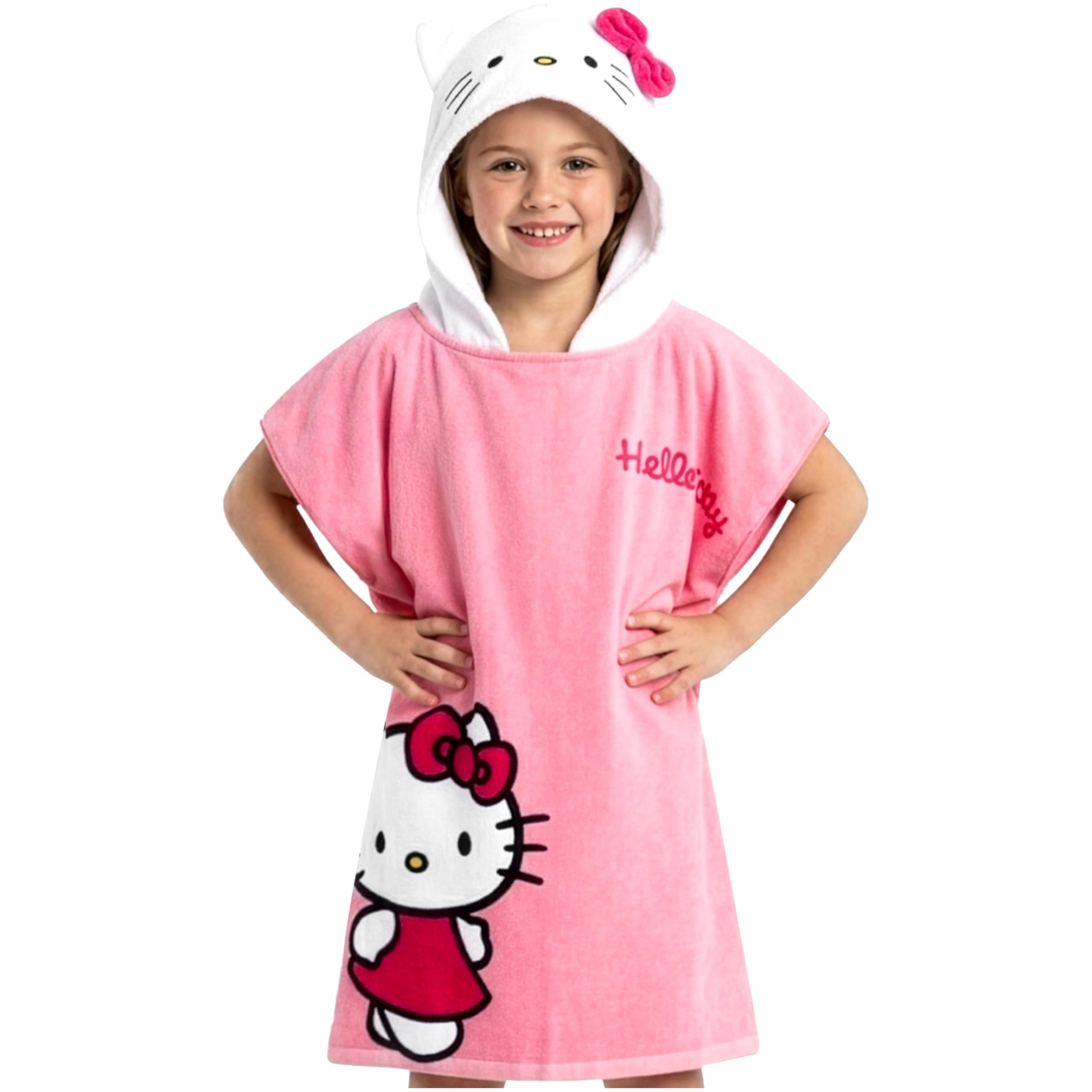 Hello Kitty Bath Towel with Hood for Kids Absorbent Kawaii Changing Robe Poncho Towel for Swimming Beach Towel Cinnamoroll Kuromi Holiday Essentials (Pink Poncho Hello Kitty, 10-14 Years)