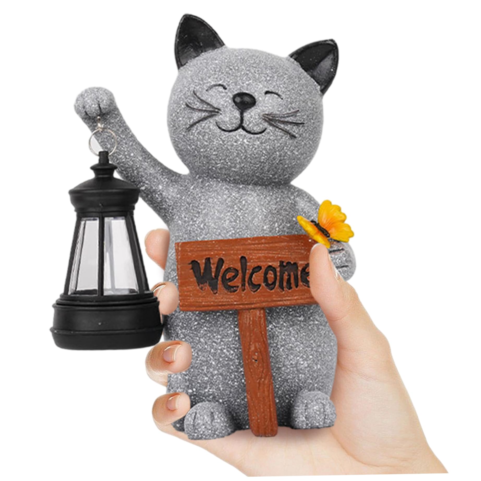 Statues de jardin solaires avec lanterne étanche : figurine chat en résine durable