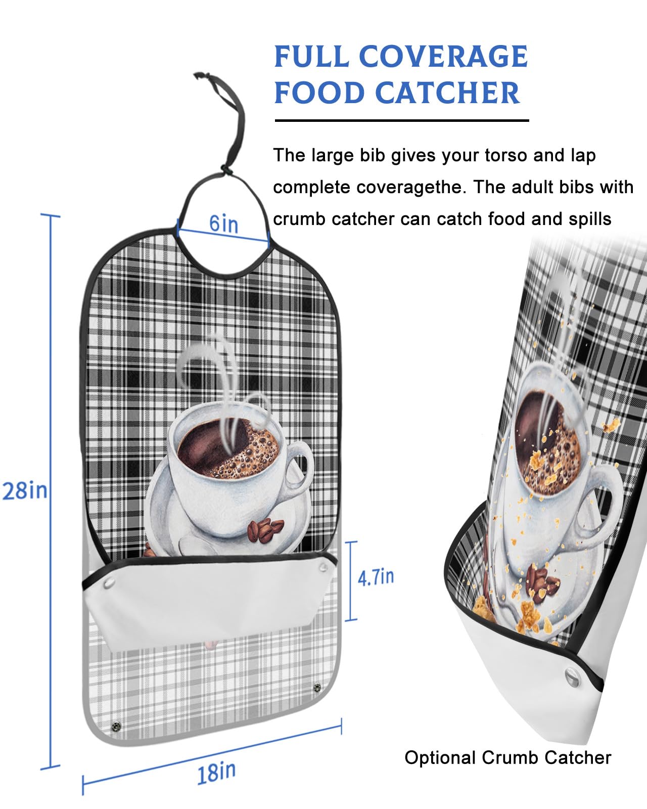 LEOKOTI Coffee Theme Adult Bibs for Eating, Waterproof Bibs with Food Catcher & Adjustable Snap Closure, Hot Coffee Cup Black White Plaid Washable Clothing Protectors Adult Bibs for Elderly Women/Men