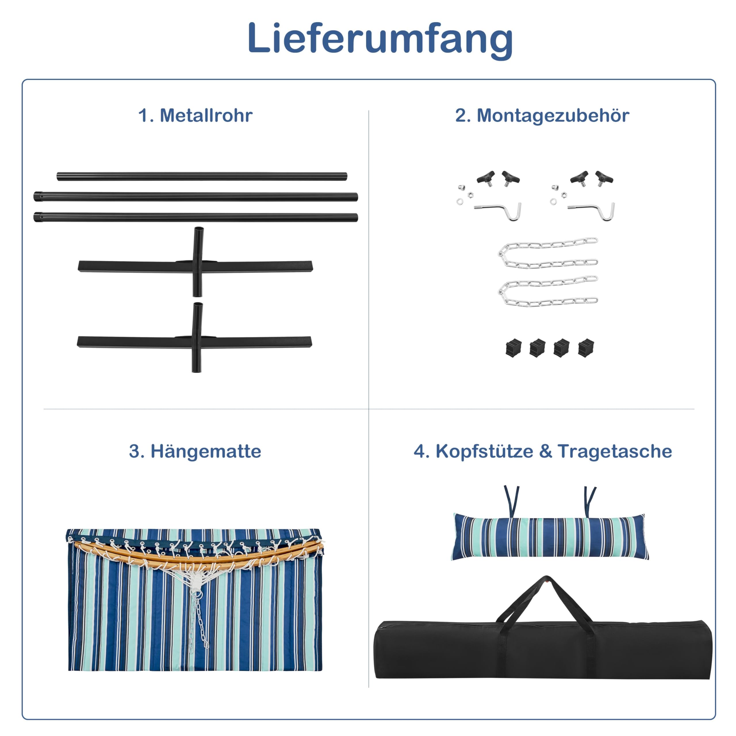 Yaheetech Hängematte mit Gestell & Kissen, XXL Doppelhängematte mit Ständer bis 216 KG Belastbar für 2-3 Personen, Höhenverstellbarer Hammock für Outdoor & Indoor, Blauer Streifen | XXL Doppelhängematte Belastbar für 2-3 Personen, Höhenverstellbarer Hammo